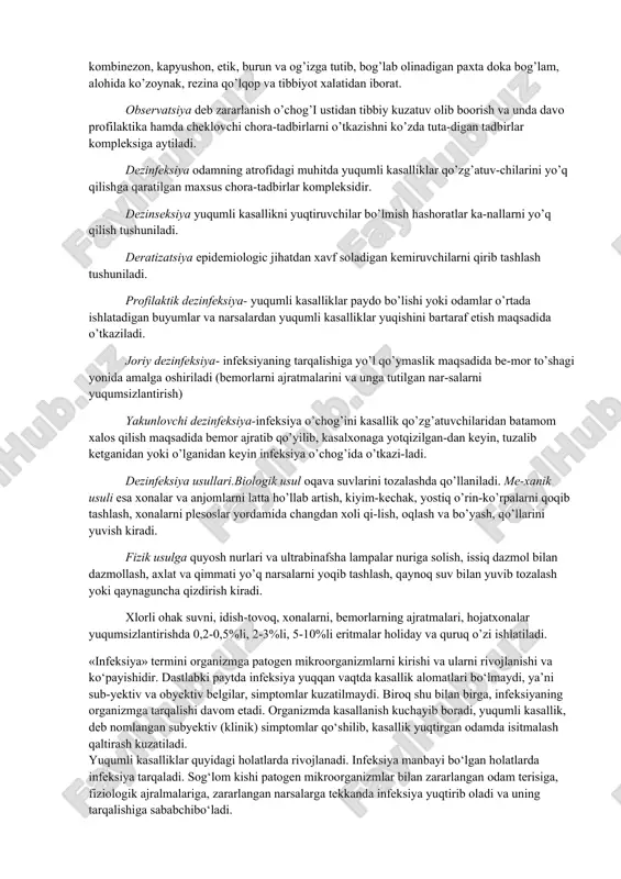 davr davomida odam sirtdan sog’lom bo’lib qolaveradi. karantin belgilash, kasal kishilarga yaqin yurgan odamlarni aj-ratib qo’yish muddati va boshqalar inkubatsion davrning qancha muddat davom etishiga bog’liq. infeksiya manbai xususida ko’riladigan chora-tadbirlar jumlasiga bemorlarni barvaqt, faol ravishda va to’la-to’kis topib aniqlash, vaqtida boshqalar-dan ajratib qo’yish, kasalxonaga joylashtirish va davolash, kasallik o’chog’ida dezinfeksiya chora-tadbirlarini o’tkazish kiradi. epidemik jarayonning ikkinchi xalqasini-kasallik qo’zg’atuvchisining o’tish yo’llarini uzib qo’yish juda muhim, shu munosabat bilan yuqumli kasalliklar profi-laktikasidagi shaxsiy gigiyena qoidalarini bajo keltirishga, gigiyena malakalari va sanitariya madaniyatini aholi orasida targ’ib qilishga, profilaktik va epidemiyaga qarshi chora-tadbirlarni amalga oshirishda sog’liqni saqlash bo’limiga amaliy yor-dam ko’rsatish muhimdir. kasallik o’choqlarida oziq-ovqat mahsulotlari bilan savdo qilish ustidan, ov-qatlanish hamda suv ta’minoti ob’ektlarining sanitariya holati ustidan, masalliqlar, taomlarni tayyorlash, saqlash va tashishga, suvdan foydalanishga doir sanitariya hamda texnologiya qoidalarining bajarilishi ustidan, shuningdek dezinfeksiya cho-ra-tad-birlarining bekamu-ko’st o’tkazilishi ustidan alohida sanitariya-gigiyena nazorati olib boriladi. epidemiya zanjirining uchinchi xalqasiga aholining moyilligiga qarata ko’-rila-digan profilaktik …