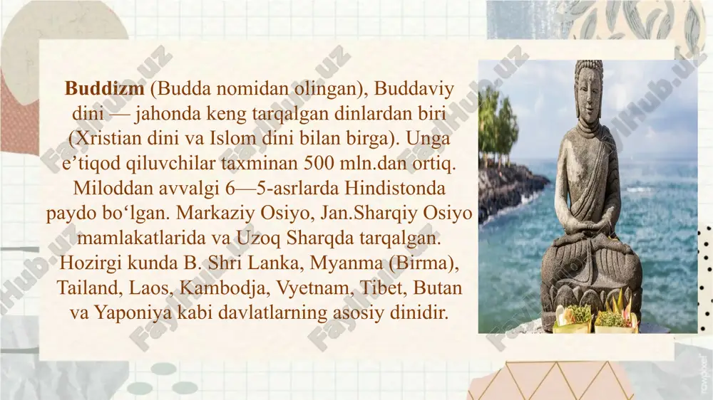 va u kushon imperiyasi davridagi termizning tashqi devori himoyasi ostida, shahar tashqarisida joylashgan bo’lgan. so’nggi marta xudolar uni insoniyatni to’g’ri yo’lga boshlashi uchun inson qiyofasida yaratganlar.1961-yildagi tadqiqot ekspeditsiyasi natijasida qoratepa binolarining uch qavati topilgan. asosiy majmuaning uch qismi g’arbdan sharqqa qarab deyarli to’g’ri tortilgan. maxsus hovlida budda qabrining timsoli bo’lgan “stupa” o’rnatilgan. o’rta osiyo budda da`vatchilari yo’lidagi dastlabki hududlardan buldi. baktriya o’rta osiyoda budda da`vatchilari etib kelgan birinchi tarihiy-madaniy mintaka edi. ayni mahalda, bu vokea kachon ruy berganligi masalasi uzok, davom etadigan il-miy bahslarga sabab bulmokda. ayrim hind tadkikotchilari buddizmning mam-lakatdan tashkdriga, shu jumladan o’rta osiyoga ham tarkdlishining dastlabki davri deb iii budda yirinini hisoblashni taklif etishmokda. e.rtveladzening fikricha, o’rta osiyo halkla-rining buddaviylik bilan tanishuvi birmuncha keyin, yunon-baktriya podsholigi davrida yuz ber-gan. bu podsholik muayyan boskdchda baktriya bilan buddaviylik ancha mustahkam ildiz otib ulgurgan shimoli-g’arbiy hindiston (gandhara)ni birlashtirib turgan. o’rta osiyodagi buddizmning taniqli tadqiqotchisi b.litvinskiy qator bilvosita dalil-isbotlarga asoslanib, buddizmning …