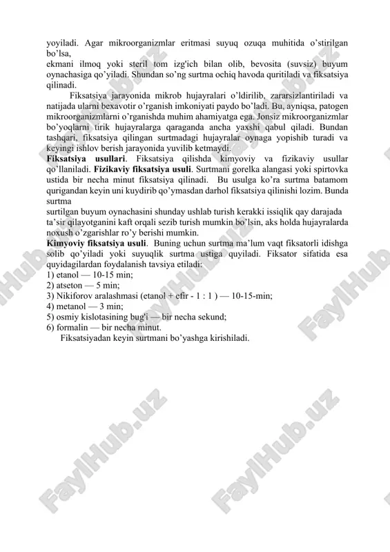 irishni ta’minlaydigan skaner (ing. tilida scan - ko’rmoq so’zidan olingan) elektron mikroskoplardan keng foydalaniladi. mikroskop bilan ishlash: 1. mikroskop qulay qilib qo`yiladi, so’ng kichik ob`ektiv o’rnatiladi. 2. chap qo’l stol ustida bo’ladi, o’ng qo’l yordamida ko’zgu harakatlantirilib yorug`lik yig`iladi. 3. tayyorlangan preparat stolga qo’yiladi, ob`ektiv yon tomondan qaralib oxirigacha tushiriladi. 4. okulyarga qaragan holda makrovint yordamida shtativni tasvir hosil bo’lguncha qadar ko’tariladi. 5. preparat ustiga 1 tomchi yog` tomiziladi va ob`trtiv yog`dan uzilmasligi kerak. 6. mikroskop joyidan qimirlatilmaydi, tubus bo’shatilib, yon atrofdagilarga ko’rsatish mumkin. 7. ish tugagach preparat dezinfeksiyalovchi moddaga tashlanadi, ob`ektivdagi yog`artiladi, kichik ob`ektiv o’rnatilib shtativ oxirigacha tushiriladi. 8. tubus mahkamlanadi ko’zgu vertical holatga keltiriladi. 9. ishlatib bo’lingan mikroskop g`ilofiga solib qo’yiladi. mikrob kulturasidan nativ va fiksatsiyalangan surtmalar tayyorlash. surtma tayyorlash uchun buyum oynachasiga ozgina suv tomchisi tomiziladi va unga o’rganilayotgan materialni qo’shib, aralashtirilib, yuzasi 2 sm2 yupqa qilib yoyiladi. agar mikroorganizmlar eritmasi suyuq ozuqa muhitida o’stirilgan bo’lsa, ekmani …
