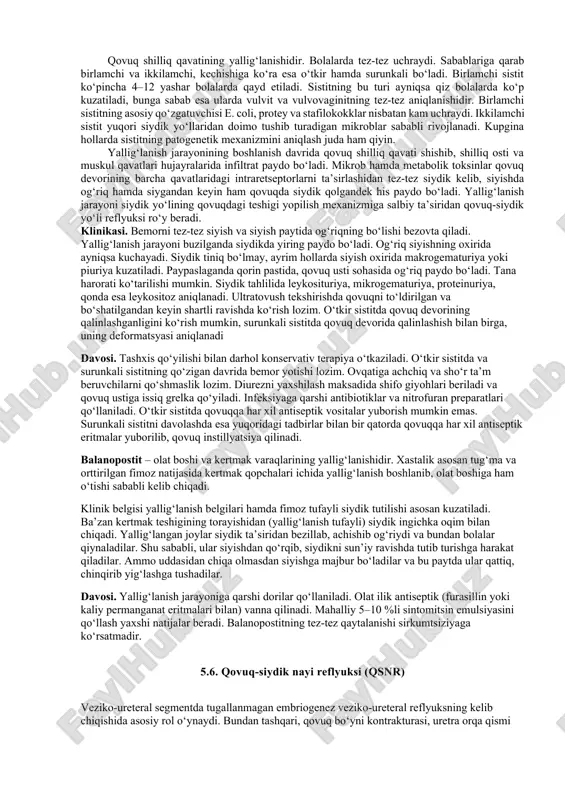 rayoni natijasida bemorlarda gepatorenal sindrom rivojlanib, gepatitga xos klinik belgilar ham ko‘rinishi mumkin. qiyosiy tashxis. ba’zida o‘tkir pielonefrit bilan bemor qorinning pastki sohasida og‘riqqa shikoyat qiladi, bunday holatda kasallikni o‘tkir holesistit, appendisit yoki divertikulit bilan chalkashtirish mumkin. siydik nayi va qovuqqa yondashgan appendikulyar, tubo-ovarial va divertikulyar abssesslar piuriya bilan kechadi. siydik nayi bo‘ylab tosh ko‘chganda, pielonefrit belgilari namoyon bo‘lishi mumkin, ammo bemorda tana haroratining ko‘tarilishi va leykosituriya kuzatilmaydi. surunkali pielonefrit. surunkali pielonefrit o‘zining to‘lqinsimon kechishi bilan tavsiflanadi. ayrim bemorlarda bu xastalik latent shaklda kechadi. latent pielonefritning simptomi aniq emas. ko‘pchilik bemorlarda bu kasallik dispanser ko‘rigidan o‘tayotganda tasodifan aniqlanadi. ayrim bemorlarda ishtahaning yomonligi, behollik, tana haroratining subfebril bo‘lishi, qorin sohasida simmillovchi og‘riq aniqlanadi. bolalarda siyish jarayonida qisqa muddatli og‘riq bo‘lishi, tana haroratining ko‘tarilishi, belda uvishgan og‘riq ota-onalarning diqqatini o‘ziga jalb qilishi mumkin. ammo bu simptomlar tezda o‘tib ketadi. shu sababli ota-onalar bu shikoyatlar bilan kamdan kam murojaat qiladilar. bemorlarni maxsus usullar …