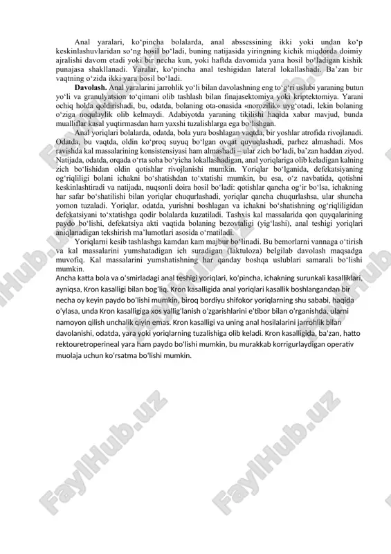 ing ayrim shakllarida ancha samarali jarrohlik yo‘li bilan davolash ko‘rsatilgan. ko‘pincha tirsh tomonidan ta’riflangan perianal qisqartirishni amalga oshirishadi, ustiga-ustak, bu muolaja ambulatory qilinishi mumkin. bunga o‘xshash operatsiya anal teshigini mustahkamlaydi va prolaps qaytalanisining oldini oladi, chunki dumg‘aza mushaklari yana o‘zining normal holatini tiklaydi. tirsh operatsiyasining keng qo‘llanilishi, uning samaradorligidan dalolat beradi, lekin ba’zan juda qattiq qo‘yilgan choklardan anal teshigining eroziyasi, shuningdek, lokal infeksiyaning rivojlanishi haqida xabarlar paydo bo‘ladi. 30 % tuz yoki 70 % spirt qorishmasidan foydalangan holda, sklerozirlaydigan terapiya zararsizlantirilgan yallig‘lanish va anal teshigi atrofidagi chandiqni davolashga javoban hosil bo‘lishi tufayli samaradorligi haqida gapiradigan o‘z tarafdorlariga ega. qanaqa qorishma kiritilishidan qat’iy nazar inyeksiyani ba’zan takroran amalga oshirish kerak. k.u. ashkraft dumba qatlamlari bo‘yicha kesilgan joy orqali dum suyagini olib tashlash, mushaklardagi teshiklarni siqish (hiatus) va to‘g‘ri ichakni pastga prolabirlolmaydigan darajada dumg‘azaga «osish»ni maslahat beradi (4.26-rasm). muallif fikriga ko‘ra, bu tadbir darrov osadigan mexanizm yaratish va hiatusni siqish imkonini beradi, …