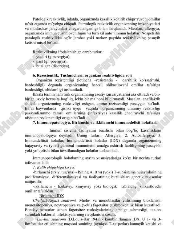 elgilaydi. masalan, odamning qoramol o’lati qo’zg’atuvchisiga nisbatan chidamliligi, ba’zi hayvonlarning qishki uyquga keti¬shini, baliqlar va qushlarning ma’lum bir davrlarda ko’chishini keltirish. turga mansub reaktivlik shu turni evolyutsiya jarayonida saqlab qolishga yo’naltirilgan¬dir. bu reaktivlik asosida guruhlarga va har bir organizm uchun xos bo’lgan individual reaktivlik shakllanadi. indivi¬dual reaktivlik ko’p jihatdan irsiy va orttirilgan xususiyatlar bilan belgilanadi. u organizm rivojlanayotgan va yashaydigan tashqi muhit omil¬lariga organizm jinsi va yoshiga bog’liqdir. individual reaktivlikni spetsifik va nospetsifik turlari bor: - spetsifik - immunologik reak¬tivlik organizmning ma’lum bir antigenlarga nisbatan ularni zararsiz¬lantiruvchi antitanalar ishlab chiqarish bilan belgilanadi. bu reaktivlik organizmning turli xil yuqumli kasalliklarga chidam¬liligini - immunitetni ta’minlaydi. - nospetsifik reaktivlik organizmga tashqi muhit omillari ta’sir etganda yaqqol namoyon bo’ladi. u odatda stress ta’siri, fagotsitoz jarayonining buzilishi, asab sistemasi faoliyatining o’zgarishi va tabiiy biologik to’siqlarning zaiflanishi orqali ro’yobga chiqadi. reaktivlikning shu ikki turi o’z navbatida fiziologik va patologik tusda bo’lishi mumkin. fiziologik reaktivlik - bu …