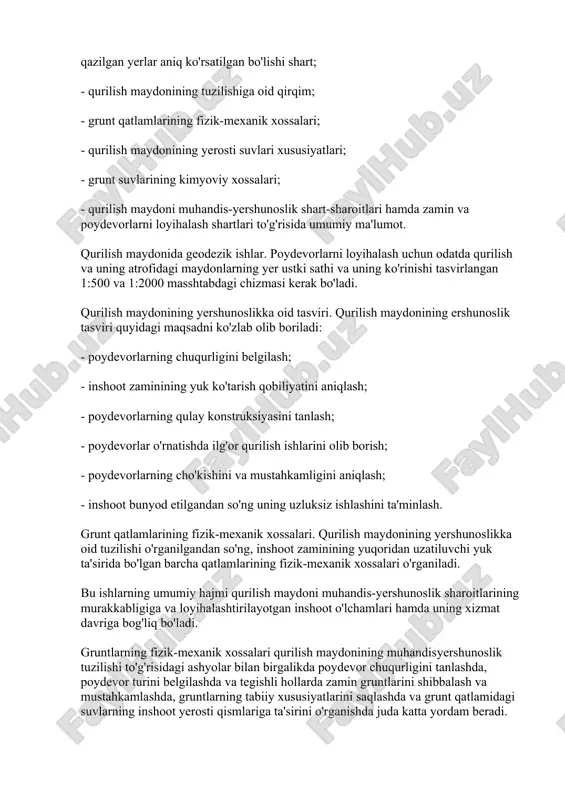 h, ikkinchisi ashyo materiallar sarfi, ish hajmi va ularning tannarxi nuqtayi nazaridan iqtisodiy arzon turini tanlashdan iborat. odatda, zarnin va poydevorlar loyihasi bir necha ko'rinishda hal etiladi va ulardan texnik-iqtisodiy jihatdan maqsadga muvofiq bo'lgani qabul qilinadi. 6.2. poydevor turlari va ularni loyihalash inshoot zamini va poydevorini loyihalashdan oldin qurilish maydonida yershunoslikka oid izlanish o'tkazilib, qurilish pasporti tuziladi. qurilish pasporti deb, bir turdagi loyihalarni turli jamoat, sanoat va yerosti inshootlarini bir-bili bilan bog'lash uchun xizmat qiladigan barcha texnik hujjatlarga aytiladi. qurilish pasporti quyidagi texnik ma'lumotlarni o'z ichiga oladi: - qurilish maydonining 1:500 va 1:2000 masshtabda chizilgan rejasi. unda loyihadagi inshootning o'lchamlari hamda burg'ilangan joylar o'rni va shurf qazilgan yerlar aniq ko'rsatilgan bo'lishi shart; - qurilish maydonining tuzilishiga oid qirqim; - grunt qatlamlarining fizik-mexanik xossalari; - qurilish maydonining yerosti suvlari xususiyatlari; - grunt suvlarining kimyoviy xossalari; - qurilish maydoni muhandis-yershunoslik shart-sharoitlari hamda zamin va poydevorlarni loyihalash shartlari to'g'risida umumiy ma'lumot. qurilish maydonida …