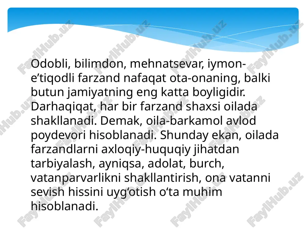 aydi. farzand tarbiyasi qanchalik erta boshlansa, tarbiya natijasi shunchalik samarali bo‘ladi. chunki erta yoshda ularni yaxshilik tomon burish osonlik bilan kechadi. tarbiyasizlikdan vujudga kelgan yomon xulq va odatlarni keyinchalik qayta tarbiyalash yo‘li bilan tuzatish mumkin. ammo buning uchun ko‘p mehnat sarf qilishga to‘g‘ri keladi. tarbiyaning murakkabligi shundaki, u hech qachon tugamaydi, ya’ni kishi tug‘ilganidan to o‘lguniga qadar zarur bo‘ladi. bundan tashqari, bir tarbiya ko‘rgan avlod o‘rniga kelgan farzandlarni yana qayta boshdan tarbiya qilish darkor bo‘ladi. bu esa tarbiyaning tinimsiz davriyligini va abadiyligini ko‘rsatadi image2.jpeg image3.jpeg image4.jpeg image5.jpeg /docprops/thumbnail.jpeg