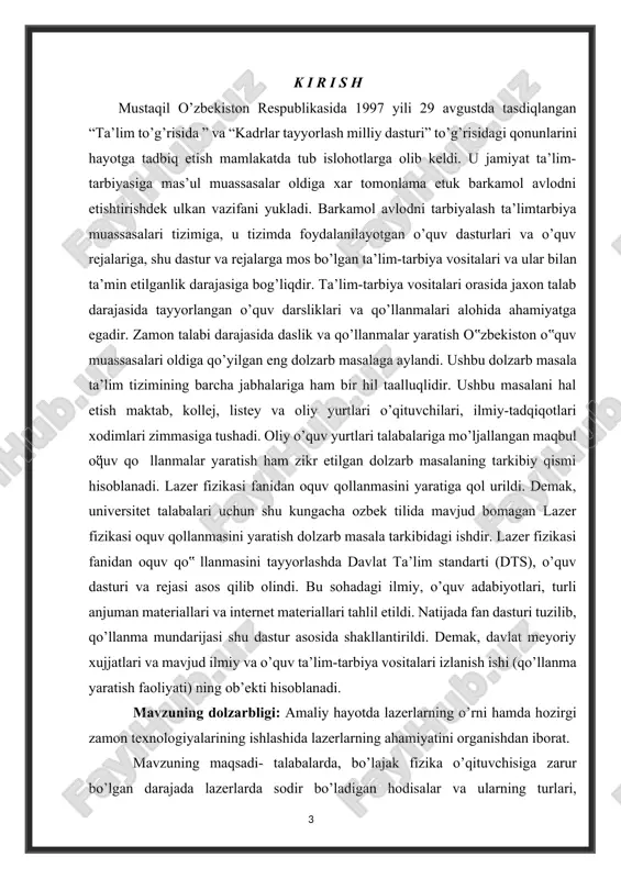 han, ham infraqizil sohalarida nurlanish hosil qiladi. ular nurlanishning to’lqin uzunligi spektrning ko’rinuvchi sohasida uning qizil qismiga (l=632,8 nm) to’g’ri kelib, spektrning infraqizil sohasida esa to’lqin uzunligi 1150 va 3390 nm ga teng. bunday turdagi asboblar laboratoriyada qo’llaniladigan lazerning keng tarqalgan turi bo’lib qoldi, bunda nurlanishning parametrlariga qo’yilgan talablar yuqorida ko’rsatilgan shartlar bilan cheklanadi. geliy-neon lazerining prinspial chizmasi (2-rasmda ko’rsatilgan). bu erda 1-diametri bir necha millimetr va uzunligi bir necha o’n santimetrdan 1,5 m gacha va undan ortiq bo’lgan gaz razryad shisha trubkasi. trubkaning ko’ndalang yoqlari trubka o’qiga bryuster burchagi hosil qilib joylashgan yassi parallel shisha yoki kvars plastinkalar bilan yopilgan. bu plastinkalarning trubka o’qi bo’yicha tarqalayotgan hamda plastinkalarda yorug’lik tushish tekisligida qutblangan nurlanish uchun qaytarish koeffitsiyentlari nolga teng. 1-rasm. geliy va neon lazerning prinsipial chizmasi geliyning trubkadagi bosimi taxminan 1 mm sim. ust. ga, neonning bosimi esa 0,1 mm sim. ust. ga teng. trubkada past voltli manba yordamida qizdiriladigan …