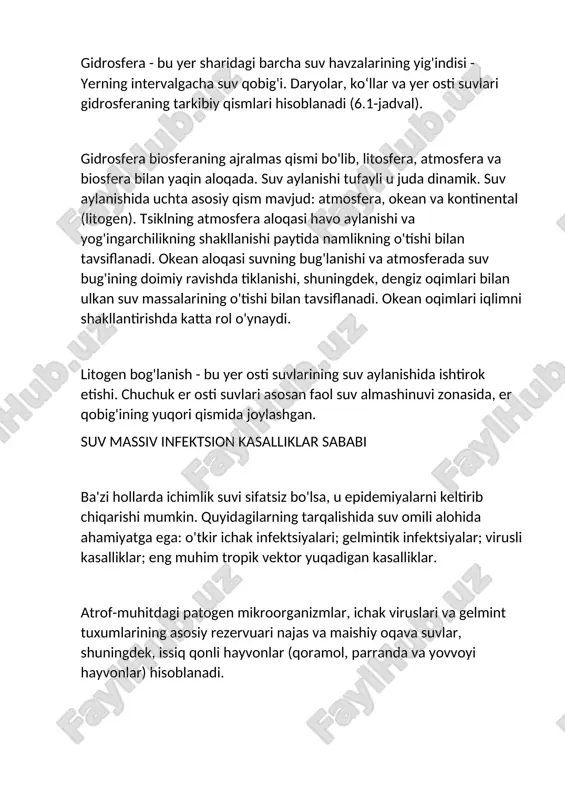 rol o'ynaydi. litogen bog'lanish - bu yer osti suvlarining suv aylanishida ishtirok etishi. chuchuk er osti suvlari asosan faol suv almashinuvi zonasida, er qobig'ining yuqori qismida joylashgan. suv massiv infektsion kasalliklar sababi ba'zi hollarda ichimlik suvi sifatsiz bo'lsa, u epidemiyalarni keltirib chiqarishi mumkin. quyidagilarning tarqalishida suv omili alohida ahamiyatga ega: o'tkir ichak infektsiyalari; gelmintik infektsiyalar; virusli kasalliklar; eng muhim tropik vektor yuqadigan kasalliklar. atrof-muhitdagi patogen mikroorganizmlar, ichak viruslari va gelmint tuxumlarining asosiy rezervuari najas va maishiy oqava suvlar, shuningdek, issiq qonli hayvonlar (qoramol, parranda va yovvoyi hayvonlar) hisoblanadi. yuqumli kasalliklarning klassik suv epidemiyalari bugungi kunda asosan turmush darajasi past bo'lgan mamlakatlarda qayd etilgan. biroq, evropa va amerikaning iqtisodiy jihatdan rivojlangan mamlakatlarida ichak infektsiyalarining mahalliy epidemiyasi qayd etilgan. ko'pgina yuqumli kasalliklar, ayniqsa, vabo, suv orqali yuqishi mumkin. tarixda 6 ta vabo pandemiyasi ma'lum. jsst ma'lumotlariga ko'ra, 1961-1962 yillarda. 7-chi vabo pandemiyasi boshlandi, u 1971 yilga kelib maksimal darajaga yetdi. uning oʻziga …