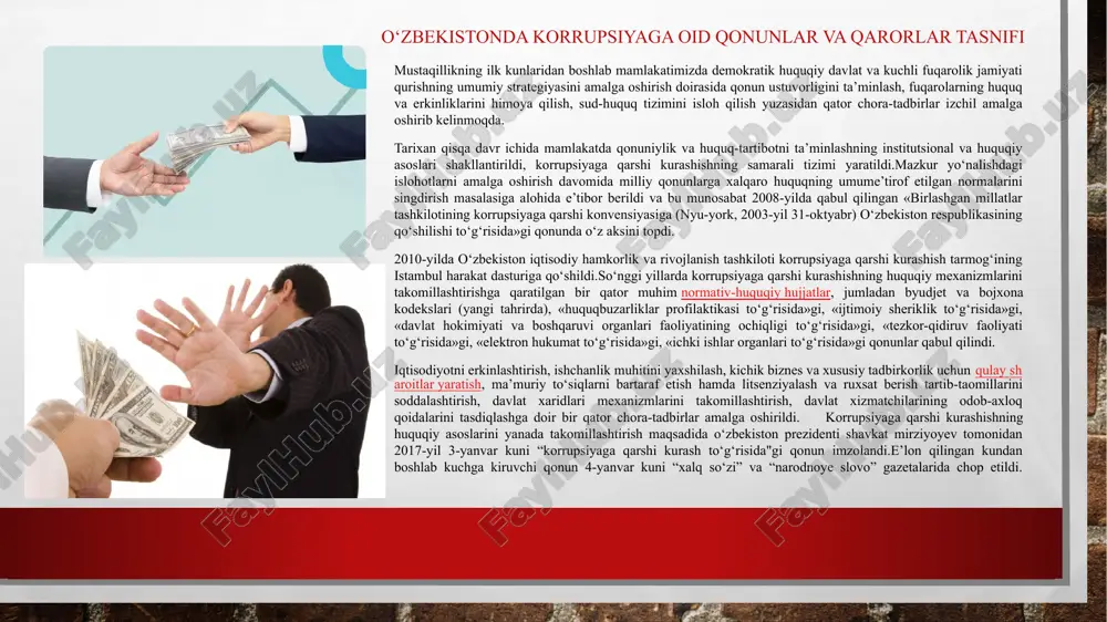 i konvensiyasi, shuningdek, 2010 yilda iqtisodiy hamkorlik va taraqqiyot tashkiloti doirasida qabul qilingan korrupsiyaga qarshi kurash bo‘yicha istanbul harakat rejasini ratifikatsiya qilgan. .xususan, o‘zbekiston respublikasi prezidentining 2020 yil 29 iyundagi pf-6013-sonli “o‘zbekiston respublikasida korrupsiyaga qarshi kurashish tizimini takomillashtirish bo‘yicha qo‘shimcha chora-tadbirlar to‘g‘risida” gi farmoni qabul qilinib, mazkur farmon asosida korrupsiyaning oldini olish va unga qarshi kurashish sohasidagi davlat siyosatini, shuningdek, korrupsiyaga oid huquqbuzarliklarning tizimli sabab va shart-sharoitlarini bartaraf etish hamda korrupsiyaga qarshi kurashish choralarining samaradorligini oshirishga qaratilgan davlat va boshqa dasturlarni shakllantirish va amalga oshirish maqsadida korrupsiyaga qarshi kurash agentligi tashkil etildi. qonundan ko‘zlangan maqsad korrupsiyaga qarsha kurash sohasidagi munosabatlarni tartibga solishdan iborat. hujjatda “korrupsiya”, “korrupsion huquqbuzarlik” va “manfaatlar mojarosi” kabi tushunchalarga izoh berilgan. hujjatda korrupsiyaga qarshi kurashning asosiy tamoyillari sifatida qonuniylik; fuqarolarning huquqlari, erkinliklari va qonuniy manfaatlariustuvorligi; ochiqlik, shaffoflik va tizimlilik; davlat va fuqarolik jamiyatining o‘zaro hamkorligi; korrupsiyadan ogohlantirish va javobgarlikning muqarrarligi bo‘yicha choralar ustuvorligi keltirib o‘tilgan. qonun korrupsiyaga …