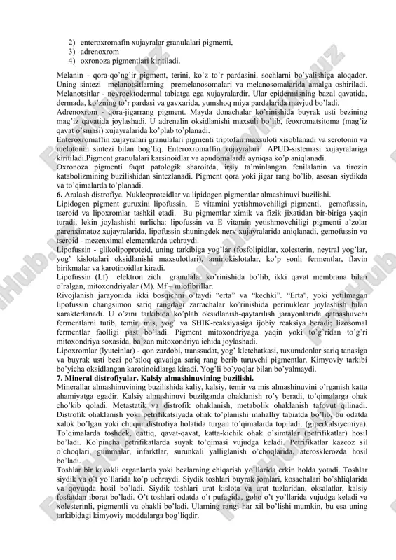 i) va maxalliy - jarayonning tarqoqligiga ko`ra. 4) orttirilgan va irsiy. parenximatoz oqsilli distrofiyalar •parenximatoz disproteinozlar morfologik quyidagilardan iborat: 1.gialin-tomchili 2.gidropik distrofiya 3.muguzlanish yoki shox distrofiyasi xar bir turning nixoyasida xujayra nekrozi yuzaga keladi: koagulyatsion fokal yoki total (gialin-tomchili distrofiyada) kollikvatsion fokal (ballon distrofiya) yoki total - gidropik distrofiyada. 4. stromal-tomirli distrofiyalar stromal-tomirli (mezenximal) distrofiyalar biriktiruvchi to’qimada moddalar almashinuvining buzilishi natijasida rivojlanadi va a’zolar stromasi xamda qon tomirlar devorida aniqlanadi. bu o’zgarishlar odatda gistion soxasida rivojlanadi.distrofiyalarning bu turida biriktiruvchi to’qimaning sistemali zo’rayuvchi dezorganizatsiyasi kuzatiladi. ayrim xollarda dezorganizatsiyaning asosida biriktiruvchi to’qimaning zo’rayuvchi destruksiyasi ustunlik qilsa, boshqa xolatlarda anomal oqsilning dezorganizatsiyasi ustunlik qiladi.zo’rayuvchi destruksiya hisobiga rivojlanuvchi biriktiruvchi to’qimaning dezorganizatsiyasi ketma-ket keluvchi quyidagi jarayonlardan iborat: 1. mukoid bo’kish 1. fibrinoid bo’kish 3) gialinoz -mukoid bo’kish (oqsillar va asosiy modda glikozaminglikanlari almashinuvining buzilishi, plazmorragiya, kollagen tolalarning bo’kishi), -fibrinoid bo’kish, fibrinoid xosil bo’lishi bilan (kollagen tolalar destruksiyasi, plazmorragiya, oqsil-polisaxarid komplekslarni xosil bo’lishi) va -gialinoz (kollagen …