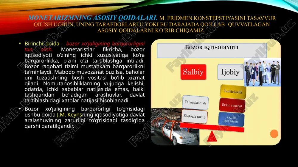 ulning miqdoriy nazariyasiga ko’ra, pul miqdori bilan baholar darajasi o’rtasida bevosita bog’liqlik mavjud, baholar muomaladagi pul miqdori bilan aniqlanadi, pulning sotib olish qobiliyati esa baho darajasiga bog’liq. pul massasi ko’paysa, baholar o’sadi, va aksincha, pul massasi kamaysa, baholar pasayadi, ya’ni boshqa barcha sharoitlar bir xil bo’lganda tovarlarning baholari pul miqdoriga mutanosib tarzda o’zgaradi. tovar aylanishini ta’minlovchi naqd pul taxminan bir yillik daromadning o’ndan bir qismini tashkil etadi, deb faraz qilaylik. boshqacha aytganda, pul yiliga o’n marta aylanadi. pul bir yilda 10 marta aylansa, unda misol uchun 10 mln. so’mlik bir yillik daromadni (mahsulotni) sotish uchun muomalada 1 mln. so’m bo’lishi kerak. agar muomaladagi pul miqdori 1 mln. so’mdan 2 mln. so’mga ortsa, unda (boshqa shartlar o’zgarmagan holda) baholar ham ikki barobar oshadi. bunday bog’liqlik, ya’ni muomaladagi pulning miqdori bilan mamlakat doirasida sotilgan tovar va xizmatlarning umumiy miqdori o’rtasidagi bog’liqlik irving fisherning ayirboshlash tenglamasida ifodalanadi: m • v = p • …