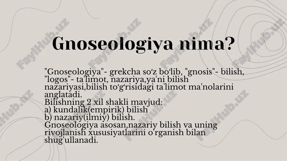 t obyektivligi sababli unda doimiy bilim jihati mavjud boʻladi. absolyut haqiqat nisbiy haqiqat haqiqatning mezoni haqiqat aniq bilimlar majmuidir. hamma zamonlar, makonlar, hamma davr va har qanday sharoitda ham toʻgʻri bo'ladigan haqiqatlar mavjud emas.haqiqatni xatodan farq qiladigan mezonlar haqida turli falsafiy oqimlar turlicha fikr bildirgan.masalan, xx asrda neopozitivizm oqimi vakillaridan baʼzilari haqiqatning mezoni deb kogerensiya prinsipini yaʼni bilimning o'z-o'ziga mos kelishini oladilar.ushbu oqimning boshqa bir guruh vakillari esa bilimlarning haqiqatlik mezoni sifatida verifikatsiya prinsipini yaʼni, bilimlarni hissiy tajriba, kuzatish, eksperiment yo'llari bilan tekshirishni oladilar. pragmatizm oqimi vakillari esa har qanday bilimning haqiqatlik mezoni uning insonga keltiradigan foydasi bo'lishi kerak deyiladi. e'tiboringiz uchun rahmat!