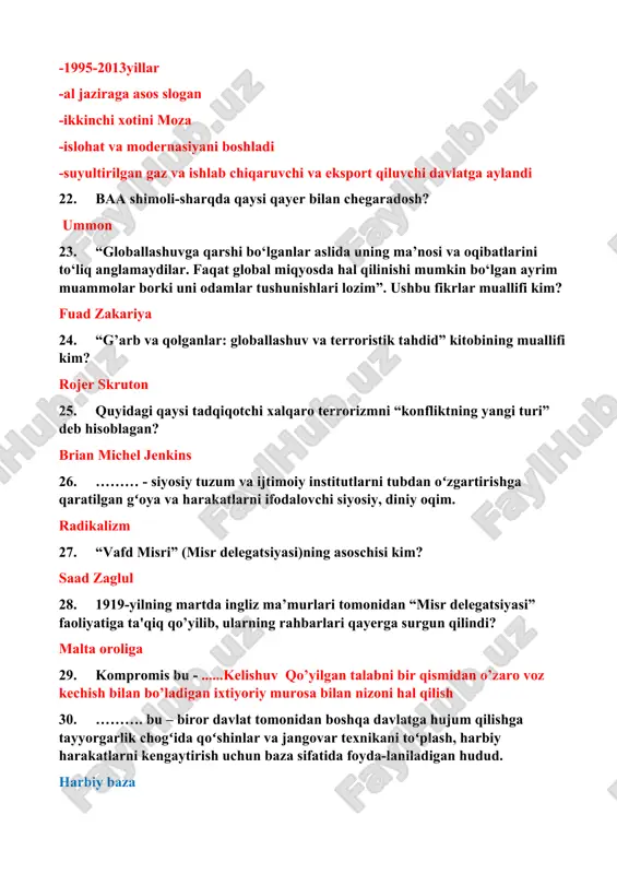 rlari qayerga surgun qilindi? malta oroliga 29. kompromis bu - ......kelishuv qo’yilgan talabni bir qismidan o’zaro voz kechish bilan bo’ladigan ixtiyoriy murosa bilan nizoni hal qilish 30. ………. bu – biror davlat tomonidan boshqa davlatga hujum qilishga tayyorgarlik chogʻida qoʻshinlar va jangovar texnikani toʻplash, harbiy harakatlarni kengaytirish uchun baza sifatida foyda-laniladigan hudud. harbiy baza 31. 1930-yilning 6 oyida misrda qancha ish tashlash va boshqa norozilik chiqishlari qayd etilgan? 105 marta 32. misr shaharlarida ishsizlarni haydab yuborishda politsiyaga yordarn beruvchi “ishsizlik bilan kurash bo’yicha komissiya” qachon tuziladi? 1931 yil fevral 33. 1936-yilda imzolangan “angliya-misr shartnonasi”ning quyidagi qaysi sharti notog’ri berilgan? ingliz qo'shinlari suvaysh kanali zonasi, qohira va aleksandriyada qoldirildi; barcha ingliz qo'shinlarini misrdan olib chiqib ketiladi. (suvaysh kanali va uning atrofidagi hududlarni himoya qilish uchun zarur bo'lgan 10 000 britaniyalik yordamchi askarlar bundan mustasno) angliya havo kuchlari misr hududi ustidan uchish huquqini saqlab qoldilar; misr armiyasi ingliz harbiy missiyasi nazoratiga olindi; …