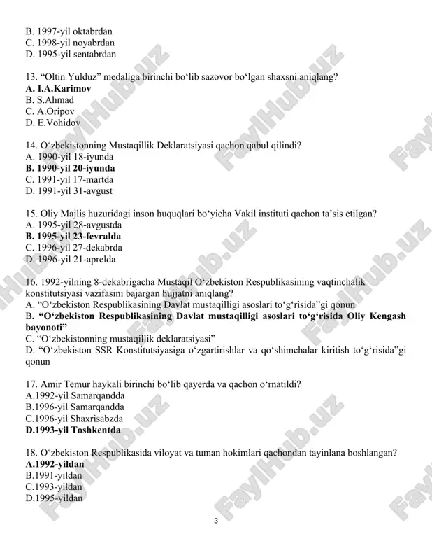 . o‘zbekiston respublikasida viloyat va tuman hokimlari qachondan tayinlana boshlangan? a.1992-yildan b.1991-yildan c.1993-yildan d.1995-yildan 19. o‘rta osiyo xalqlarining eng qadimgi yozma manbalaridan biri avestoning 2700-yilligi nechanchi yilda nishonlangan? a.2001-yilda b.2000-yilda c.2002-yilda d.2003-yilda 20. “milliy tiklanish” demokratik partiyasi tashkil topgan sanani aniqlang. a.1995-yil 3-iyun b.1998-yil 28-dekabr c.1991-yil 1-noyabr d.1995-yil 18-fevral 21. o‘zbekiston respublikasida markaziy saylov komissiyasi qaysi organ tomonidan tuzuladi? a.oliy majlis tomonidan tuziladi. b.vazirlar mahkamasi tomonidan tuziladi c.prezident tomonidan tuziladi va senat tomonidan tasdiqlanadi. d.referendum asosida tuziladi. 22. “o‘zbekiston respublikasining oliy majlisi to‘g‘risida”gi konstitutsiyaviy qonun qabul qilingan sanani aniqlang. a.1995-yil 25-yanvar b.1995-yil 8-yanvar c.1994-yil 27-dekabr d.1994-yil 22-sentabr 23. “o‘zbekiston respublikasi oliy majlisining senati to‘g‘risida”gi konstitutsiyaviy qonun qachon qabul qilingan? a.2004-yil 4-aprelda b.2003-yil 27-yanvarda c.2001-yil 6-dekabrda d.2002-yil 12-dekabrda 24. “lotin yozuviga asoslangan o‘zbek alifbosini joriy etish to‘g‘risida”gi qonun qabul qilingan sanani aniqlang. a.1993-yil 2-sentabr b.1992-yil 28-fevral c.1995-yil 10-may d.1995-yil 22-dekabr 25. mustaqillik yillarida islom dunyosida aziz va mukarram hisoblangan quyidagi vatandoshlarimizni …