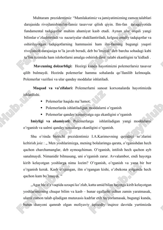 shishi bilan jadallanishi kuzatiladi. polimerga doimiy kuchlanish(𝜎0) berilsa, unda oqish jarayonida kuzatilmasa bunda kuchlanish ma`lum muvozanatli yuqori elastik deformatsiyaga () mos keladi. doimiy kuchlanish ostida polimer deformatsiya o`zgarishini vaqtga bog`liqligi omorf polimer uchun kuchlanish bo`yicha relaksatsiya vaqtini grafigi yuqori elastikli deformatsiya relaksatsiya vaqtini (lgτ) haroratining teskari miqdori bog`liqligi og`ish burchagidan aniqlanadi. umuman real makromelukalalar uchun relaksatsiya vaqti dinamik jarayonda kuchlanishni vaqt bo`yicha sinusoidal qonun bo`yicha o`zgaradi. 𝜎=𝜎0 sinωτ bunda ω-faza tebranishini ko`rsatadi. deformatsiyaning kuchlanishdan kech qolishi natijasida mexanik energiyaning bir qismi yuqotiladi, issiqlik energiyasiga aylanadi. bunda energiyaning sochilishi kuzatiladi. bu xodisaga mexanik yuqotish deb yuritiladi. maksimum yuqotilish deb belgianadi. d1-deformatsiya bu bog`lanish grafigi polimer materialining muxim tavsiflari hisoblanadi. maksimum nuqtada ωτ=30,5 bunda asosan ω, d va d0 aniqlash orqali relaksatsiya (τ) vaqti hisoblab topiladi. relaksatsiya va gezterezis effekti polimerlar uchun ε=f(𝜎) bog`lanish grafigida kuchlanish oshib borishi va kamayib borishida deformatsiya miqdori o`lchangan bo`lsa , ularning grafiklari ustma ust tushmaslik holati …