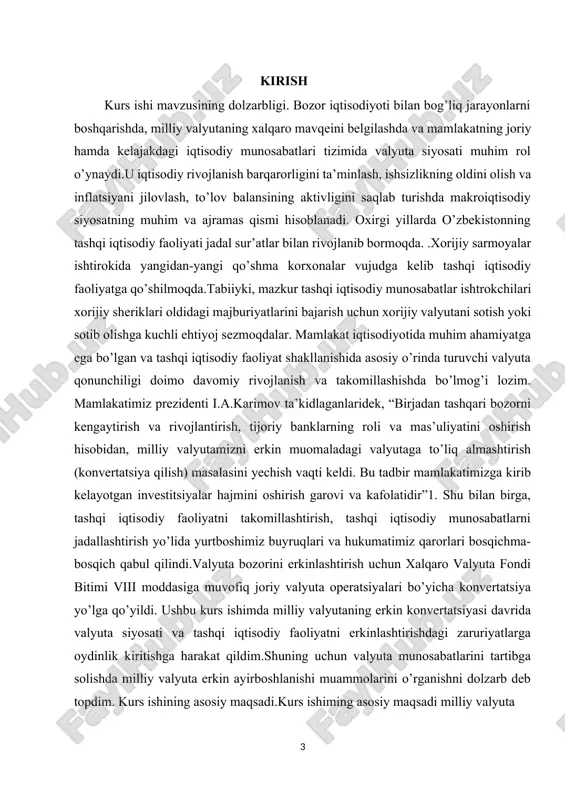 a.kireev, p.h.lindert, p.krugman, n.a.miklashevskaya, f.mishkin, tijorat banklari faoliyati bo’yicha r.dornbush, r.kens, p.samuelson, i.fisher va bank faoliyatini barqarorlashtirish vazifalari bo’yicha m.fridmen, markaziy bank faoliyati va valyuta bozori intevensiyasi masalalari bo’yicha e.dola, valyuta siyosati masalalari bo’yicha l.krasavina, markaziy bank pul-kredit masalalari bo’yicha m.gudfrend, banklarning valyuta operatsiyalari olib borishdagi muammolari bo’yicha b.fyodorov va.s.borisov adabiyotlaridan foydalandim. o’zbekistin iqtisodchilaridan, valyutani tartibga solishning tashqi savdoda tutgan o’rni va ta’siri masalalari bo’yicha n.sirojiddinov, jahon iqtosodiyotida valyuta siyosati tutgan o’rni va ahamiyati masalalari bo’yicha m.sh.sharifho’jaev, a.vahobov, n.jumaev va u.burxonov, valyuta riski va pul-kredit sohasida banklar faoliyati vazifalari bo’yicha yo.abdullaev, bank tizimisi haqida a.qodirov, bank tizimisi va bank faoliyati haqida sh. abdullaev, valyuta sektorida amalga oshiriladigan ishlar bo’yicha s.birjanov, iqtisodiyotni erkinlashtirish masalalari bo’yicha t.koraliev kitoblaridan keng foydalandim. bundan tashqari, mamlakatimzfa chop etilayotgan bank faoliyati to’g’risida “bozor, pul va kredit”, valyuta siyosati masalalari bo’yicha “ekonomicheskoe obozrenie”, “bank axborotnomasi”, “xalq so’zi” gazetasi sonlari, shuningdek,www.cer.uz, www.uzbearingpoint.com internet saytlaridan foydalandim. 1-bob, kurs ishimning …