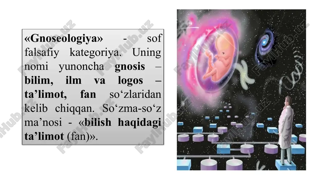 vazifasi san’at va din bilan uyg‘un holda– insonning dunyoda ma’naviy mo‘ljal olishiga ko‘maklashishdan iborat. falsafiy bilish ayni shu maqsadga bo‘ysundirilgan. ilmiy bilim. bilishning eng oliy shakli fandir. ayrim fanlarning vakillari fanni ta’riflar ekanlar, uni muayyan tadqiqotlar sohasi bilan bog‘laydilar. ilmiy bilim boshqa bilim turlaridan o‘zining aniqligi bilan ajralib turadi. shaxsiy bilim muqarrar tarzda intellektual salohiyatni talab qiladi. unda nafaqat bilish borlig‘i, balki bilishga harakat qilayotgan shaxs, uning bilimga qiziqishi, bilimni talqin qilish va undan foydalanishga nisbatan shaxsiy yondashuvi, uni o‘ziga xos tarzda anglab etishi mujassamlashadi. xulosa shunday qilib, insonning bilishi rivojlanib boruvchi, faol jarayondir. bu, avvalo, jamiyatda yangi ehtiyojlarning tug‘ilishi, tegishli ravishda amaliyotning rivojlanishi va takomillashuvi bilan belgilanadi. ayni shu sababli bilish “mangu harakat, qarama-qarshiliklarning yuzaga kelishi va ularning echilishi jarayoni” deb qaralishi lozim. e’tiboringiz uchun rahmat! image1.png image2.png image3.png image4.png image5.jpeg image6.png image7.jpeg image8.jpeg /docprops/thumbnail.jpeg