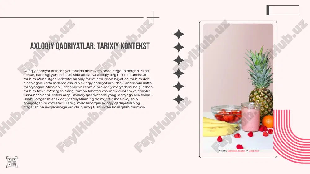 n'anaviy qadriyatlarning zamonaviy hayotda qanday saqlanishi va rivojlanishi mumkinligini ko'rsatadi. photo by jannis brandt on unsplash 02. kelajakda axloqiy qadriyatlar kelajakda axloqiy qadriyatlarning rivojlanishi bir qancha omillarga bog'liq. birinchidan, texnologik innovatsiyalar insoniyatning axloqiy qarashlarini o'zgartirishga olib kelishi mumkin. masalan, sun'iy intellekt va robototexnika sohalaridagi yutuqlar, ish joylarida axloqiy mas'uliyatni qayta ko'rib chiqishga olib keladi. ikkinchidan, globalizatsiya jarayoni turli madaniyatlarning bir-biriga ta'sir ko'rsatishi va axloqiy qadriyatlarni yangilashga sabab bo'ladi. bu jarayonlar natijasida, yosh avlodning axloqiy qadriyatlari qanday o'zgarishini taxmin qilish qiyin, lekin ular ko'proq global yondashuvni va ekologik mas'uliyatni o'z ichiga olishi mumkin. umuman olganda, kelajakda axloqiy qadriyatlar o'zgaradi, lekin bu o'zgarishlar ijtimoiy va iqtisodiy kontekstda yanada chuqurroq tahlil qilinishi kerak. estetik qadriyatlarning tarixi estetik qadriyatlar - insonning go'zallik, san'at va estetik tajribalariga bo'lgan munosabatidir. tarix davomida estetik qadriyatlar zamonaviylik va an'analar orasida o'zgarib, turli madaniyatlar va davrlar bilan bog'liq holda shakllangan. ular san'at, arxitektura va dizaynda ko'rinadi va jamiyatning estetik …