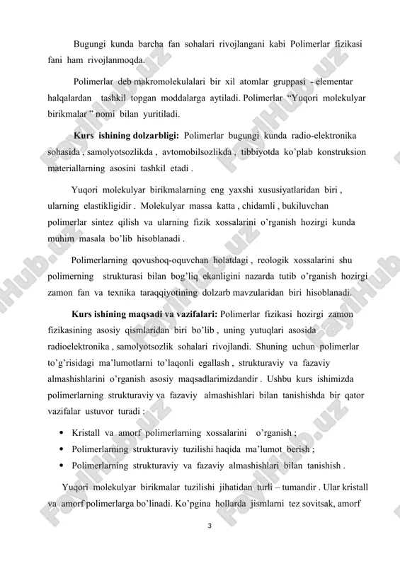 odatda kuchlanish - deformatsiya egri chizig’i bilan baholanadi. deformatsiyalanish qattiq jismlarga xos bo‘lgan fizikaviy jarayon. polimerlarning ham tashqi ta’sir natijasida mexanik xossasi o‘zgaradi. deformatsiya bizga mazmunan qaytuvchi va qaytmas bo‘ladi. polimerlar bu yuqori chastotali birikmalar bo‘lib, qaytuvchi deformatsiyaga ega bo‘ladi , polimerlar yuqori elektrik xususiyatga ham ega bo‘ladi. deformatsiya turlariga to‘xtalamiz. cho‘zilish deformatsiyasi cho‘zilish darajasi bilan xarakterlanadi. λ =l/l0 (1) bu ifoda cho‘zilish deformatsiyasini ko‘rsatadi. nisbiy uzayish: (2) deformatsiya turlari: cho’zilish, siqilish, egilish, buralish, siljish va hokozo. quyida bir nechta deformatsiya turlarining sxemasi va formulalari keltirilgan: cho’zilish chiziqli siljish =(l/l0) hajmiy siqilish =v/v0 qisqa vaqtda uzayish agar polimerning uzunligi tashqi kuch tasirida 1 sm cho’zilsa bu 100 % ga cho’zilgan bo’ladi. polimer-100% cho‘zilgan ekan. polimer siljish deformatsiyasida l0 o‘zgarmaydi. hajmiy siljish yoki cho‘zilish deformatsiyasida – deformatsiya siqilish koeffitsiyenti bilan xarakterlanadi. deformatsiya – polimerlarda ko‘zlangan foyda bo‘ladi. agar polimerning shakli silindr ko‘rinishida bo‘lsa, uning dastlabki holati p0-tashqi deformatsiya kuchi , πr2-ta’sirida …