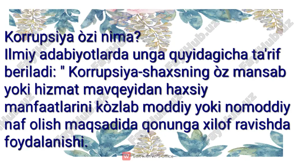 ishini anglatadi. odatda mansabdor shaxs tomonidan unga berilgan mansab vakolatlari va huquqlardan, shuningdek, bu bilan boģliq rasmiy nufuz maqomidan, imkonyatlar va aloqalaridan òzlarining shaxsiy manfaatlarini kòzlab qonunchilik va axloq qoidalariga zid ravishda foydalanishini anglatadi. odatda mansabdor shaxs tomonidan unga berilgan mansab vakolatlari va huquqlardan, shuningdek, bu bilan boģliq rasmiy nufuz maqomidan, imkonyatlar va aloqalaridan òzlarining shaxsiy manfaatlarini kòzlab qonunchilik va axloq qoidalariga zid ravishda foydalanishini anglatadi. odatda mansabdor shaxs tomonidan unga berilgan mansab vakolatlari va huquqlardan, shuningdek, bu bilan boģliq rasmiy nufuz maqomidan, imkonyatlar va aloqalaridan òzlarining shaxsiy manfaatlarini kòzlab qonunchilik va axloq qoidalariga zid ravishda foydalanishini anglatadi. odatda mansabdor shaxs tomonidan unga berilgan mansab vakolatlari va huquqlardan, shuningdek, bu bilan boģliq rasmiy nufuz maqomidan, imkonyatlar va aloqalaridan òzlarining shaxsiy manfaatlarini kòzlab qonunchilik va axloq qoidalariga zid ravishda foydalanishini anglatadi. jamiyatda korrupsiya oddiy xalq vakillarining yuqori amaldorlarga yoxud davlat amaldorlarining òzaro bir- birlariga bòlgan munosabatidan kelib chiqadi. jamiyatda korrupsiya oddiy …