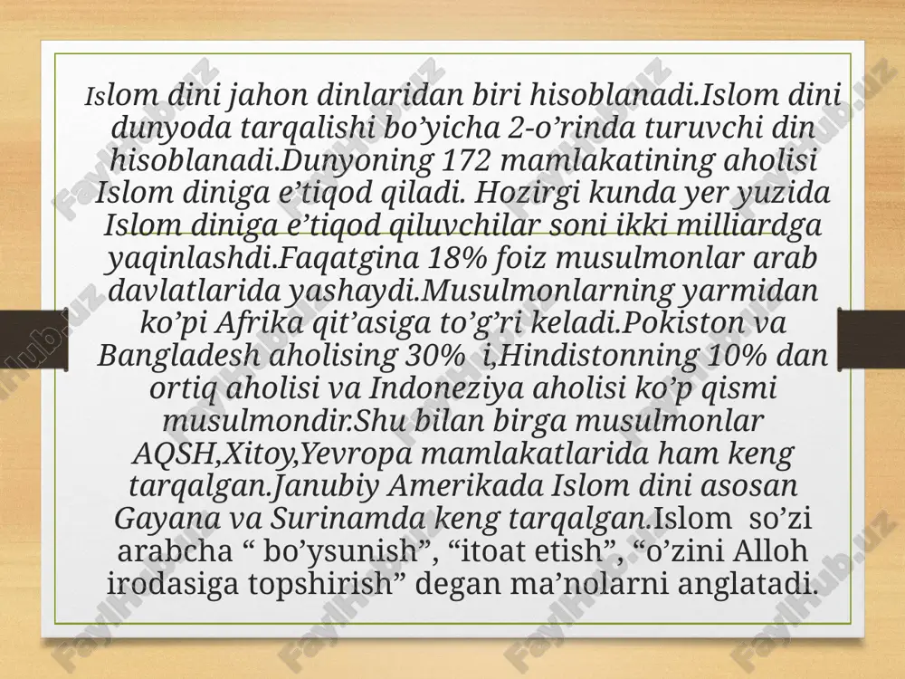 taolo payg’ambrlarga 100 sahifa va 4 ta kitob yuborgan. 5.oxirat-bu dunyoda alloh taoloning o’zidan va u xohlaganidan boshqa hech narsa qolmaydigan kundir.uning qachon bo’lishini alloh taolodan boshqa hech kim bilmaydi. 6 .taqdir- alloh taolo tomonidan bo’lgan va bo’ladigan yaxshi,yomon ishlarning qayshi zamonda, qaysi joyda, qay ravishda bo’lmog’ini hamda o’z ilmi azaliysi bilan bo’lmasdan turib oldindan belgilab qo’yilishidir. 7.alloh taoloning qudrati bilan o’lgan bandalar qayta tiriladilar,so’ngra alloh taoloning tayin qilgan yeriga borib yig’iladilar.yig’iladigan joyning nomi ”mahshar yeri”, kun esa “qiyomat kuni” deb ataladi. 11 islom dini 5 ustunga ega. kalima shahodat namoz o’qish ro’za tutish zakot berish imkonini topilsa xaj qilish 1.kalimayi shahodat- allohdan o’zga iloh yo’qligiga va muhammad (s.a.v) uning bandasi va payg’ambar ekanligiga shohidlik beraman demoqlikdir.u arab tilida shunday deyiladi:”ashhadu an lo ilaha illallohu va ashhadu anna muhammadan abduhu va rasuluh”. 2.namoz o’zini musulmomnan deb hisoblaydigan har bir bandaga buyurilgan ibodatdir.namoz ibodati kuniga 5 mahal o’qiladi. 3.ro’za erta tongdan …