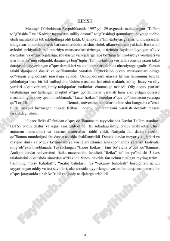 implusi esa quydagicha bu holda yorug‟lik fotonlar oqimidan iborat bo‟lib, uning zichligi yorug‟lik dastasi intensivligini belgilaydi. yorug‟lik dastasi intensivligi uning chastotasi va tezligiga proporstional bo‟ladi. issiqlik nurlanishi, fotoeffekt hodisalari, kompton effekti yorug‟likning zarracha tabiatini inobatga olib izohlaydilar. yorug‟likning to‟lqin va zarracha tabiati haqidagi tasavvurlar bir-birini rad etmaydilar, ular bir-birini to‟diradilar. yorug‟likning zarracha tabiati m.plank ishlarida, eynshteyn ishlarida, stoletov, lebedev tajribalarida yoritilgan. yorug‟likning nurlanish jarayoni uning zarracha tabiatini bayon etuvchi kvant nazariyasi yordamida, yorug‟likning tarqalishini esa elektromagnit to‟lqin nazariyasi yordamida izohlansa, yorug‟likning yutilishi yoki kuchayishi kvant nazariyasi yordamida izohlanadi. lazerlar haqida qisqa tarixiy ma’lumot. lazer so‟zi inglizcha “laser” so‟zidan olingan. “laser” so‟zi esa “light amplification by stimulated emission of ratiation” iborasining bosh harflaridan olingan bo‟lib, “majburiy nurlanish tufayli yorug‟likning kuchayishi” ma‟nosini anglatadi. lazer nurlanishi ultrabinasha, infraqizil va ko‟zga ko‟rinadiga diapazondagi elektromagnit to‟lqinlardir. bu to‟lqinlar atom va molekulalarning majburiy (stimullangan) nurlanishiga asoslanib hosil qilinadi. bunday nurlanish hosil qiluvchi qurilmani lazer yoki optik …