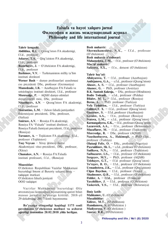 story of philosophy 5. bilalov mustafa isaevich the turkic contribution to the paradigmatic strategy of islamic philosophy………....................................................................……70-92 6. dablo liubov grigoryevna role of d. ovsianyko-kulykovskyi in the formation of the definition of the concept "creativity"…………………………………………………………….93-105 7. umarova rozigul sheralievna promotion and justification of natural philosophical ideas in the philosophy of medieval muslim peoples………………………………………………..106-120 world culture and religious traditions 8. mirzarakhimov baxtiyor khoshimovich gnoseological functions of tourism and their philosophical analysis………............................................................…………...121-130 9. orekhova svetlana the semiotics of orthodox iconography in the context of philately…..131-153 9 fhilosophy and life / ¹1 (8) 2020 óäê: 140.8+141.201 http://dx.doi.org/10.26739/2181-9505-2020-8-1 mamatkulov sanjar toshpulatovich jizzax davlat pedagogika instituti tayanch doktoranti. (o‘zbekiston, jizzax) e-mail: 1984sanjar@mail.ru dunyoqarash va hayotiy pozitsiya: strukturaviy tahlil annotatsiya. dunyoqarash va unga bog‘liq masalalar turli fanlarning doimiy diqqat-e’tiborida bo‘lib kelgan. inson, shaxs, alohida guruhlar va umuman jamiyat qaysi bir tadqiqotning ob’ektiga aylansa, o‘z-o‘zidan dunyoqarash masalasi ham tilga olinadi. fanlararo tushuncha hisoblangan dunyoqarash falsafa, psixologiya, sotsiologiya, …