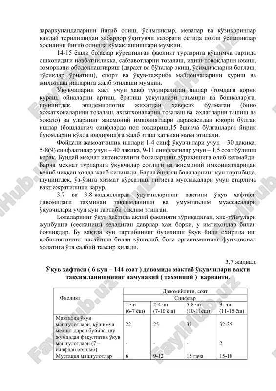 kompyuterda shug'ullanishadi. bo'sh vaqtni uy vazifalarini bajarib bo'lgach, fiziologik funktsiyalar intensivligi pasayadigan paytga mo'ljallash maqsadga muvofiq. o'z ixtiyoriga ko'ra tanlangan mashg'ulotlar, odatda, qiziqarliroq o'tadi va bolalar tomonidan ishtiyoq bilan bajariladi. ammo ularning ham muddatini va tezligini belgilab qo'yish, ayniqsa, kompyuter o'yinlari, teleko'rsatuvlarni tomosha qilish vaqtini chegaralash kerak. bu bolalar va o'smirlarda kuchli charchoq yuzaga kelishining oldini oladi. turli to'garaklarda mashg'ulotlar, jamoatchilik ishlari bolalarning yoshiga xos imkoniyatlari, o'zining qiziqishlari, o'zlashtirishi va salomatligiga qarab belgilanishi kerak. o'quvchilarning ikkitadan ortiq to'garakka shug'ullanishlari tavsiya etilmaydi. mashg'ulotlardan bo'sh vaqtida o'quvchilar qo'lidan kelgancha uy ishlariga ko'maklashishlari mumkin va zarur ham. quyi sinf o'quvchilari xonalarni yig'ishtirishlari, idishlarni yuvishlari, uy o'simliklarini parvarish qilishlari mumkin. kattaroq yoshdagi o'quvchilar esa oiladagi kichik bolalarni parvarishlashda, ovqat tayyorlashda, xonalarni yig'ishtirishda, uy hayvonlariga qarashda, tomorqadagi ishlar va boshqa yumushlarni bajarishda ko'maklashishlari mumkin. maktabda ham bolalar o'z-o'ziga xizmat ko'rsatish va jamoatchilik ishlariga jalb qilinishi mumkin. 7-9 yoshdagi bolalar o'rin-ko'rpalarni yig'ishtirib, oyoq kiyim va ko'ylaklarni …