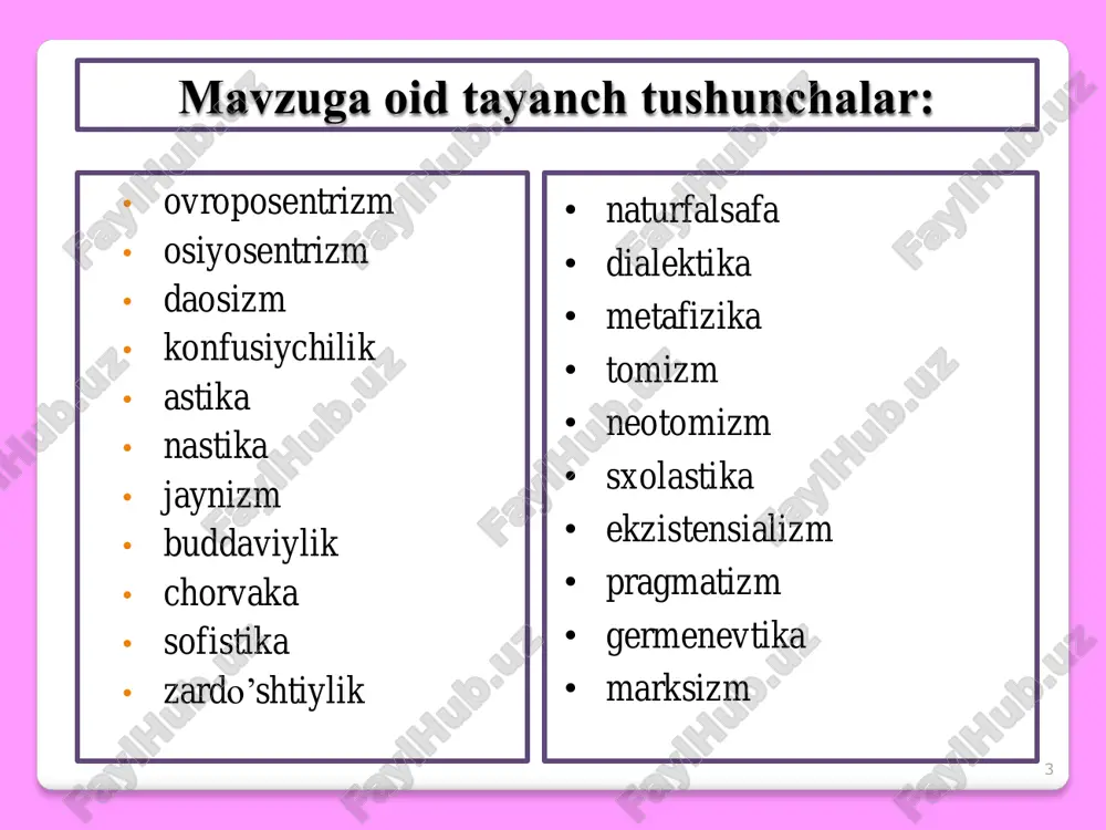i va bu yozma yodgorlikni haqi- qatning yagona manba- si deb bilishadi. nastika guruhi- ga kiruvchi maktab- lar sifatida chorvaka, lokayata, buddizm, jaynizm maktab- lari qayd qilinadi. http://en.wikipedia.org/wiki/image:s1985.2.2a.jpg http://en.wikipedia.org/wiki/image:patanjali.jpg http://en.wikipedia.org/wiki/image:swastik4.svg 8 qadimgi hindiston falsafasining ontologiyasi xususiyatlari • qadimgi hindiston ontologiyasi (borliq – haqidagi ta`limot ) rita qonuniga asoslanadi.kosmik evolyusiya, sikllik, tartib va bog`liqlik qonuni. • borliq va yoqlik braxma – koinotning (yaratuvchi xudo) nafas olishi va chiqarishi bilan bog`lanadi. • cheksiz tarix – bu koinotning va absolyut yo`qlik hayotining ketma- ketligida belgilanadi, ular har 100 kosmik yilda almashishadi. • olam o`zaro bog`liq. har bir hodisa (inson harakati, tabiat hodisasi) koinot hayotiga ta`sir etadi. rivojlanish, evolyusiya maqsadi – material shakllarining doimiy almashinuvi orqali mukammal ruhga erishish 9 qadimgi xitoy falsafasi eramizdan oldingi vi-iii asrlarda xitoyda asosan oltita falsafiy ta`limot shakllangan: konfusiychilik, daosizm, moizm, legizm vaboshqalar konfusiychilik ta`limoti bo`yicha har bir ijtimoiy qatlamning axloq normalari mavjud bo`lib, uni o`zgartirish mantiqqa ziddir. masalan …