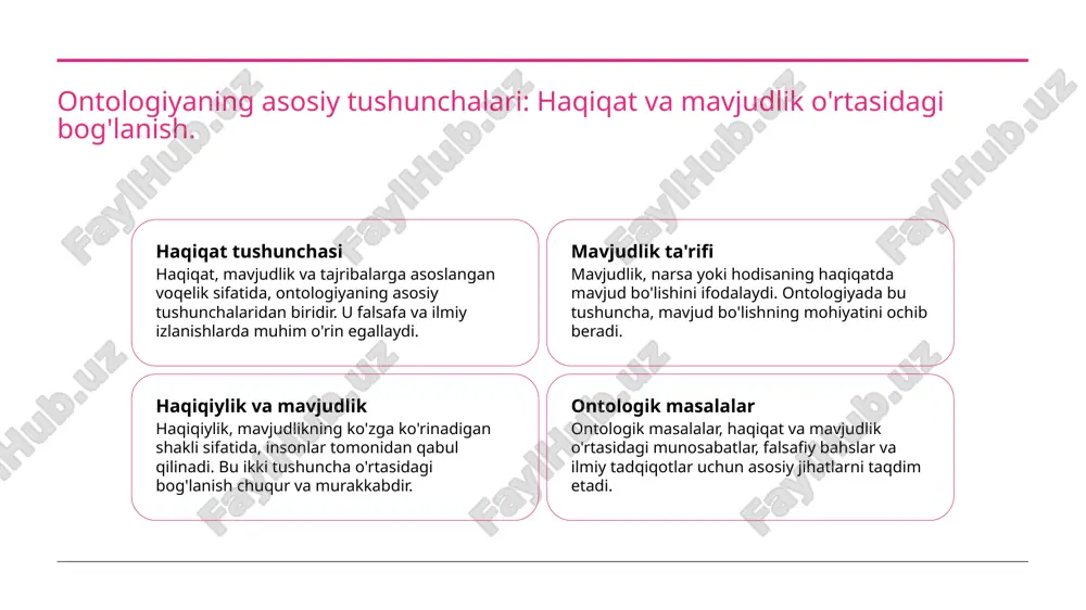ndi. falsafiy fikrlar va madaniy meros mavjudlik tushunchalarini shakllantirgan. 2 zamonaviy yondashuvlar bugungi kunda ontologiya, madaniyat va san'atda yangi yondashuvlar bilan o'zgarib bormoqda. bu esa mavjudlikni anglashda muhim ahamiyatga ega. 3 madaniyat va identitet ontologiya madaniy identitetni shakllantirishda muhim rol o'ynaydi. turli madaniyatlar o'rtasida mavjudlik tushunchalari farqlanadi, ijtimoiy aloqalar rivojlanadi. 4 interdisiplinar o'zaro aloqalar ontologiya, falsafa, san'at va ilm-fan o'rtasida interdisiplinar o'zaro aloqalar yaratadi. bu, yangi nazariyalar va tushunchalarning paydo bo'lishiga olib keladi. madaniyat va mavjudlik: ontologiyaning san’at va adabiyotdagi roli. ontologiya san’at va adabiyotda mavjudlikni, insoniy tajribani va real hayotni ifodalashda muhim rol o'ynaydi. u asarlar orqali madaniyatning chuqur qirralarini ochib beradi. masalan, tasviriy san'atda mavjudlikning ko'rinishi, adabiyotda esa inson ruhining ichki kurashlari aks etadi. photo by sinitta leunen on unsplash ontologiya va ijtimoiy identitet: madaniyatlararo aloqalar va farqlar. ontologiya va identitet ontologiya ijtimoiy identitetni shakllantiruvchi asosiy omillardan biri bo'lib, shaxsning o'zini anglash jarayonida muhim rol o'ynaydi. madaniyat va …