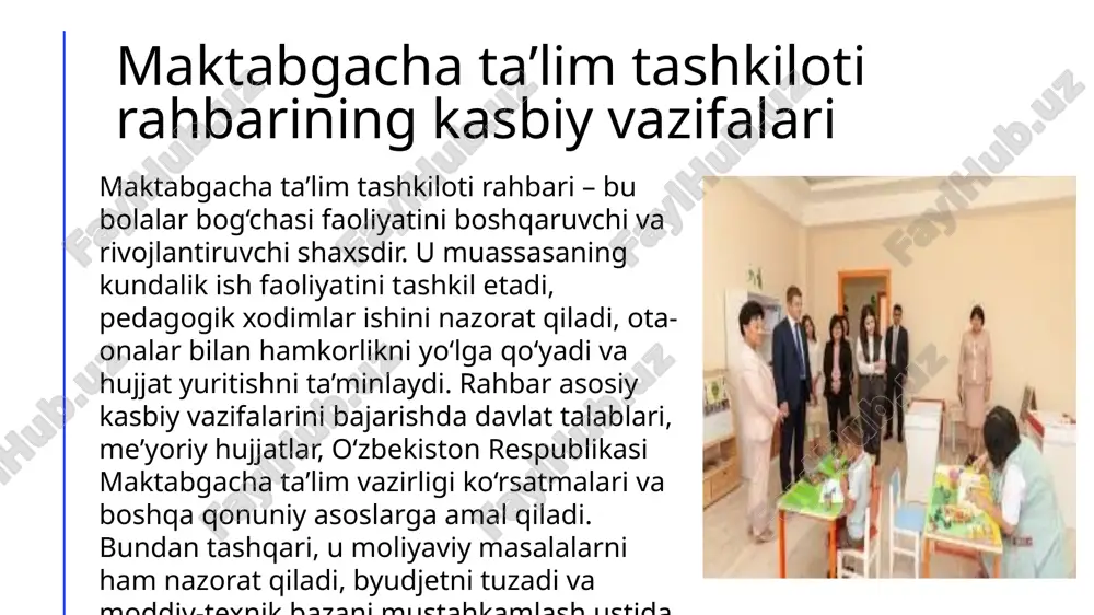 , ta’lim va tarbiya jarayonini yaxshilashga harakat qiladi. rahbar – bu nafaqat boshqaruvchi, balki pedagogik jarayonning ilhomlantiruvchisi va lideridir. u muassasada o‘zining namuna bo‘la oladigan xatti-harakati, odobi, nutqi, bilim va tajribasi bilan boshqalarga yo‘l ko‘rsatuvchi shaxsdir. lider direktor jamoadagi har bir a’zoni rag‘batlantirib, ularning imkoniyatlarini ro‘yobga chiqaradi. tarbiyachilar, yordamchi xodimlar va texnik xizmat ko‘rsatuvchi xodimlar o‘rtasida hamjihatlikni shakllantiradi. har bir pedagogning kuchli tomonlarini ko‘rib, ularni to‘g‘ri yo‘naltirishni tashkil etadi. rahbar o‘ziga xos boshqaruv uslubi orqali jamoani umumiy maqsad sari birlashtiradi. yangi g‘oyalarni ilgari suradi va ular asosida innovatsion faoliyat yuritadi. lider direktor har qanday muammoli vaziyatlarda oqilona yechim topishga harakat qiladi va jamoaning professional o‘sishini qo‘llab-quvvatlaydi. bu esa sifatli taʼlim muhitini taʼminlaydi. maktabgacha taʼlim sifatini oshirishda direktorning roli rahbarning asosiy vazifalaridan biri bu jamoani shakllantirish va rivojlantirishdir. direktor yangi kadrlarni tanlashda ularning kasbiy malakasi, kommunikativ ko‘nikmalari va tarbiyaviy yondashuvlariga e’tibor qaratadi. ishga qabul qilingan pedagoglar bilan individual suhbatlar o‘tkaziladi, tajriba …