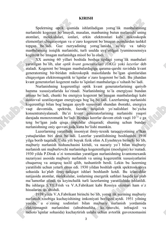 hlanib, ilmiy izlanishlar yo`nalishi atom va molekula spektroskopiyasidan tashqari vaqt va chastotaning, ya’ni o`ta yuqori chastota (o`yuch) standartlarini yaratilishga bag`ishlangan edi. bu ilmiy izlanishlar natijasida 1950 yillarning boshlarida bir-birlaridan mustaqil ravishda n.g.basov, a.m.proxorov (fian, rossiya) va ch.tauns (aqsh, kolumbiya universiteti) tomonidan majburiy nurlanish g`oyalaridan amalda foydalanib, ammiak molekulasida ishlovchi molekulyar kuchaytirgich va generator (mazer) yaratildi . mazer (maser - microwave amplification by stimulated emission of radiation) - ingliz so`zlaridagi bosh harflardan tashkil topgan va mazmuni mikroto`lqinni majburiy nurlanish hisobiga kuchaytirishdir. shu ishlari uchun ular 1964 yili nobel mukofotining sovrindori bo`lishdi. kvant elektronikasining rivojlanishi elektromagnit to`lqinning yangi, infraqizil va ko`zga ko`rinuvchi sohalarida kogerent nurlanish olishga yo`naltirildi. dunyoning ko`p ilmiy laboatoriyalarida lazerlar yaratish ustida ish boshlab yuborildi. bu ishlarning rivojlanishida a.m. proxorovning kvant qurilmalarida ochiq optik rezanotor sifatida fabri-pero ( etaloni) interferometrini qo`llash g`oyasi hal qiluvchi omil bo`ldi. birinchi gazli lazer (laser light amplification by stimulated emission of radiation ya’ni yorug`likni majburiy …