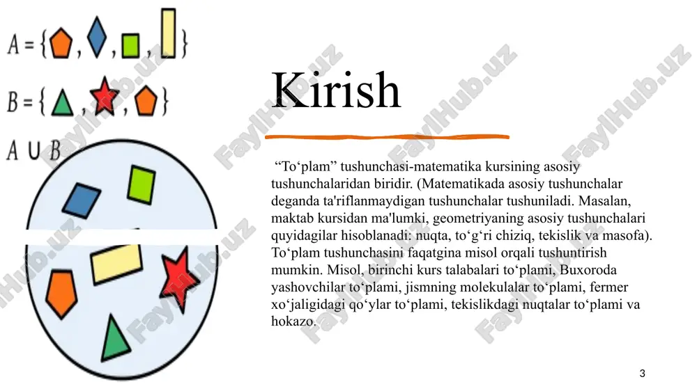 mlar uchun maxsus belgi qabul qilingan: n harfi bilan natural sonlar to‘plami belgilanadi, 𝒁 – butun sonlar to‘plami, q – rasional sonlar to‘plami, 𝑹 – haqiqiy sonlar to‘plami. [0; 1] sigment kantineum quvvatli to‘plamdir. unga ekvivalent to‘plamlar cheksiz to‘plam hisoblanadi. ixtiyoriy kichik kesma ustidagi nuqtalar to‘plami kantineum quvvatli to‘plamga ekkvivalent to‘plamdir. doiraning markazidan to‘gri chiziqlar o‘tkazsak doiraning bir nechta nuqtalari to‘gri chiziqning bitta nuqtasiga akslanadi. bu akslantirishda doira nuqtalar to‘plami to‘gri chiziq nuqtalari to‘plamiga akslantirish bo‘lib bu to‘plamlar katineum quvvatli to‘plamdir. ya`ni cheksiz to‘plamdir. ikkita a va b to‘plam berilgan bo‘lsin biror f qoida bo‘yicha a to‘plamning har bir x elementiga b to‘plamning y elementini mos keltiraylik. u holda shu qoidani a to‘plamni b to‘plamga akslantirish deyiladi. quyidagicha belgilanadi. 𝒇: 𝑨 𝑩 𝒚𝒐𝒌𝒊 𝑨 𝑩 7 1-rasm to‘plamlar kesishmasi: ta’rif: a va b to‘plamlarning kesishmasi deb shunday to‘plamga aytiladiki, u faqat a va b to‘plamga tegishli elementlarnigina o‘z ichiga oladi. …