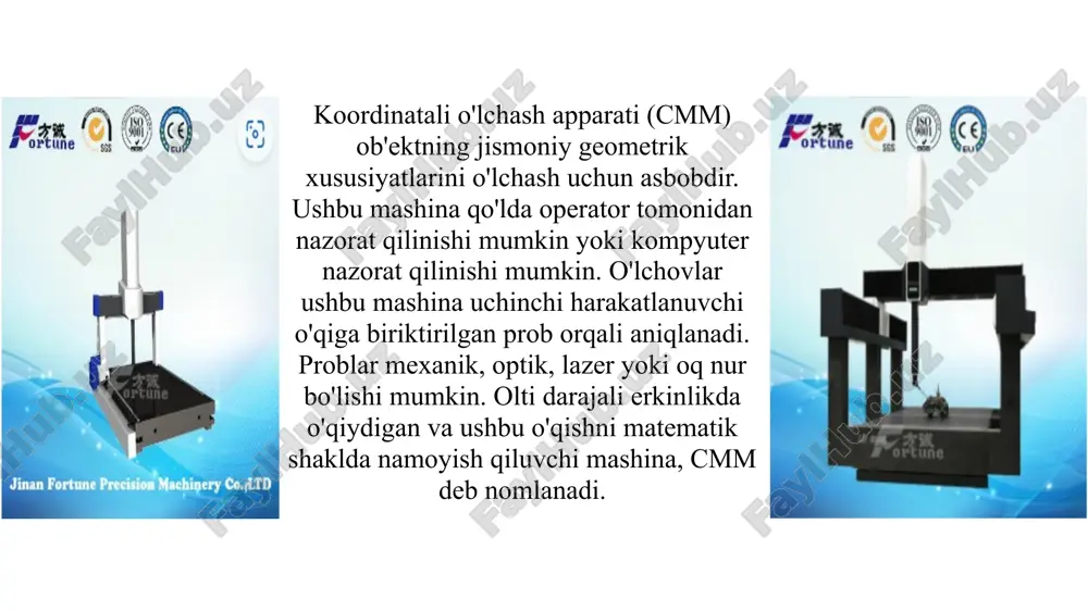 qiydi. mashina keyinchalik o'lchov va joyni aniqlash uchun, odatda mikrometre aniqligi bilan aniqlash uchun, ushbu nuqtalarning har birining x, y, z koordinatalarini ishlatadi. koordinatali o'lchash apparati (cmm) shuningdek, ishlab chiqarish va yig'ish jarayonlarida foydalaniladigan asbob yoki qurilma uchun mo'ljallangan. maqsadning x, y va z koordinatalarini aniq qayd etib, keyinchalik funktsiyalarni yaratish uchun regressiya algoritmlari orqali tahlil qilinishi mumkin. ushbu fikrlar operator tomonidan qo'lda joylashtirilgan yoki to'g'ridan-to'g'ri kompyuter nazorati (dcc) orqali avtomatik ravishda tekshiriladi. dcc cmm'lari bir xil ketma- ketlikni o'lchash uchun dasturlashtirilishi mumkin, shuning uchun cmm sanoat robotining maxsus shakli hisoblanadi. texnik ma'lumotlar koordinata-o'lchov asboblari uch asosiy komponentni o'z ichiga oladi: harakatning uchta o'qini o'z ichiga olgan asosiy tuzilma. harakatlanuvchi romni qurish uchun foydalaniladigan materiallar yillar davomida o'zgaradi. dastlabki cmmlarda granit va po'latdan foydalanilgan. bugungi kunda barcha yirik cmm ishlab chiqaruvchilari alyuminiy qotishma yoki ba'zi lotinlardan kvadratlar qurishadi va shuningdek, dasturlarni skanerlash uchun z o'qining mustahkamligini oshirish uchun seramika ishlatadilar. …