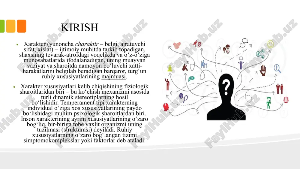 an belgilanadi. insonning boshqa odamlarga, jamoaga, meshnatga nisbatan fidoiy munosabatda bo’lishida belgilanuvchi xususiyatlar chuqurroq xususiyatlar deyladi. mazkur mezonga qarab shaxslarning farqlanishini yuzaki tasavvur qilmaslik kerak, chunki insonga beriladigan tavsifnoma simtomokomplekslarni ta'kidlab o’tishi bilan cheklanmasligi lozim. aks sholda shaxsning psixologik qiyofasining tavsifnomasi: birinchidan, simtomokomplekslarni chuqurroq joylashtirishni, ikkinchidan, muayyan darajada chuqurroq mujasamlashtirishni, uchunchidan, bir oz yuzakiroq tizimni ajratishni taqozo qiladi. xarakter tuzilishi xususiyatlari jumlasiga faolik yoki xarakter kuchi kiritiladi va shunga asosan insonlar kuchli shamda kuchsiz xarakter turlariga ajratiladi. shuningdek, xarakter tuzilishi xususiyatlari tarkibiga - uning barqarorlik va o’zgaruvchanlik darajasi sham kiritilgandir. xarakterning barqarorligi sham, o’zgaruvchanligi sham moslashishi faoliyatining zaruriy shartlaridan shisoblanadi. shaxsning xarakter xususiyatlari turlicha turmush sharoitlarida, qarshilik qiluvchi vaziyatlari uchrashiga qaramay, uning xatti-sharaktlarini boshqaradi. shu boisdan inson tashqi vaziyatga boqliq bo’libgina qolmasdan, balki tashqi vaziyatni uning shaxssan o’zi yaratadi, shuningdek, maqsadga muvofiqlashtiradi. bundan tashqari, shaxsning turmushdaga zaruriy sharoitlaridan biri- bu xarakterning muayyan darajada plastikligidir. xarakterning plastikligi ikki xil ma'no kasb …