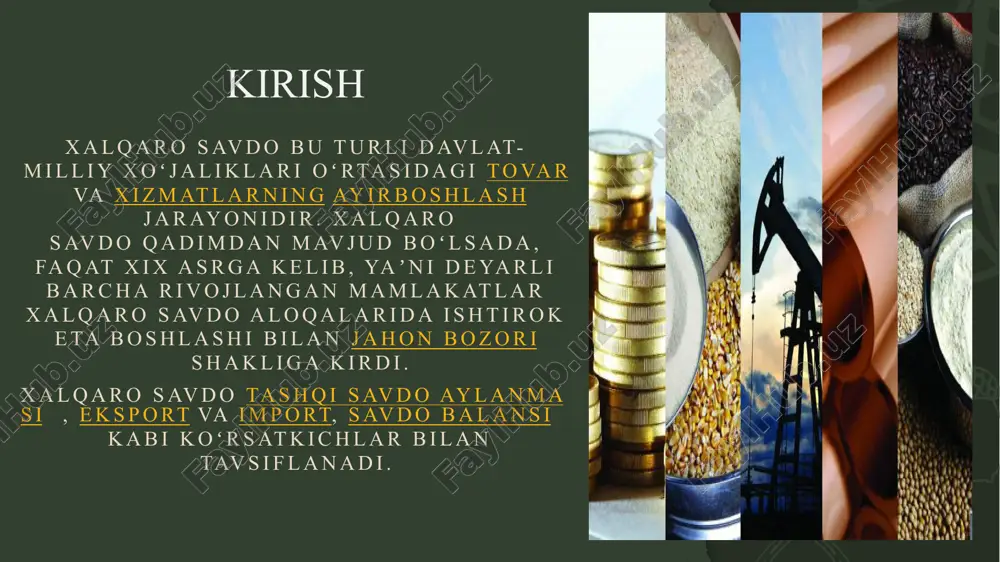 ulotlari etakchi o`ringa ega bo`lib, uning hissasiga jahon tovar ayriboshlashining 3/4 qismi to`g’ri keladi. oziq-ovqat, xomashyo va yoqilg’i ulushi faqat 1/4 qismini tashkil qiladi. xizmatlar eksporti tovarlar eksportidan farq qiladi. chet ellik iste`molchilarga xizmat ko`rsatish, chet el valyutalarini olish bilan bog’liq bo`lib, u milliy chegarada amalga oshiriladi (masalan, chet el kompaniyasi vakillariga pochta, telegraf xizmati ko`rsatish, chet el fuqarolariga sayyohlik xizmati ko`rsatish va h.k.). kapital eksport qilish ham o`ziga xos xususiyatlarga ega bo`ladi. kapital eksporti kredit berish yoki chet el korxonalari aktsiyalariga maqsadli qo`yilmalar kabi shakllarda amalga oshirilib, kapital chiqarilgan vaqtda eksport qiluvchi mamlakatdan mablag’lar oqimini taqozo qiladi va shu orqali tasarrufida bo`lgan resurslar hajmini qisqartiradi. boshqa tomondan, kapital eksporti chet davlatlarning mazkur mamlakatdan bo`lgan qarzlarini ko`paytiradi. u jahon bozoriga tovarlarning keyingi eksporti uchun qulay sharoit yaratadi va chet el valyutasida foiz yoki dividend shaklida barqaror daromad olish omili hisoblanadi. xalqaro savdo bir qator o`ziga xos xususiyatlarga ega: 1. iqtisodiy …