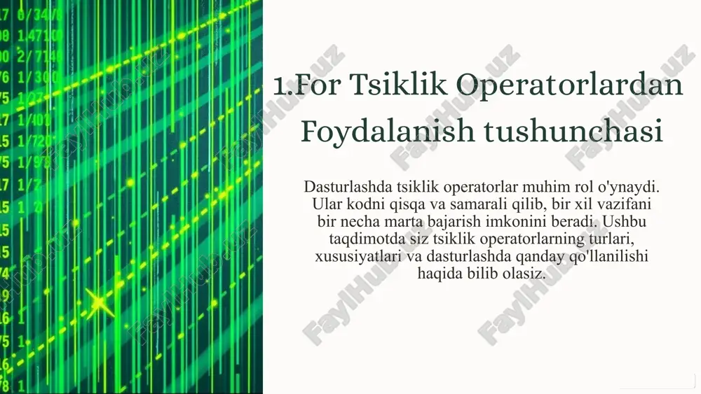jarish uchun 8 tsiklik operatorlar va qiymat qaytarish tsiklik operatorlar ichida funksiyalarni chaqirish va ularning qiymatlarini ishlatish mumkin. tsiklik operatorlar yordamida funksiyadan qaytarilgan qiymatlarni jamlash, o'rtacha qiymatni hisoblash yoki turli qiymatlar bilan ishlash kabi operatsiyalarni bajarish mumkin. funksiyalarni chaqirish tsiklda funksiyalarni chaqirish va ularning qiymatlarini qaytarish mumkin. qiymati jamlash tsiklda qaytarilgan qiymatlarni jamlash mumkin. o'rtacha qiymatni hisoblash tsiklda qaytarilgan qiymatlarning o'rtacha qiymatini hisoblash mumkin. 9 tsiklik operatorlar yordamida massivlar bilan ish tsiklik operatorlar yordamida massivlarning har bir elementini qayta ishlash mumkin. masalan, massivning barcha elementlarini chiqarish, elementlarni qayta tartiblash yoki elementlar ustida turli operatsiyalarni bajarish kabi vazifalarni bajarish mumkin. 1 elementlarni chiqarish massivning barcha elementlarini ekranga chiqarish mumkin. 2 elementlarni qayta tartiblash massivning elementlarini kerakli tartibda joylashtirish mumkin. 3 elementlar ustida operatsiyalar elementlar ustida turli xil matematik yoki mantiqiy operatsiyalarni bajarish mumkin. 10 tsiklik operatorlar va hattoki rekursiya tsiklik operatorlarni rekursiv funksiyalar bilan birlashtirish mumkin. rekursiv funksiyalar o'zlarini ichkarida chaqirish …