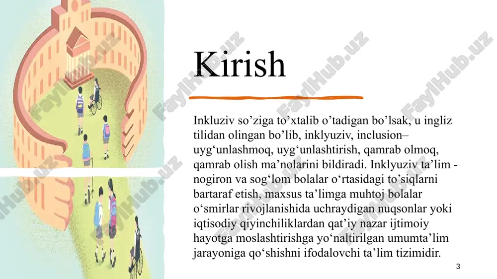 a, inklyuziv ta’limni o‘zbekistonda joriy qilishning yana bir afzallik tomoni shundaki, maxsus ta’lim muassasalari mavjud bo‘lmagan joylarda ham imkoniyati cheklangan bolalarni umumta’lim tizimiga to‘liq jalb qilinishiga imkoniyat yaratiladi. 9 foydalanilgan adabiyotlar 1. mirziyoyev sh.m. “qonun ustuvorligi va inson manfaatlarini ta’minlash – yurt taraqqiyoti va xalq farovonligi garovi” mavzusidagi o’zbekiston respublikasi konstitutsiyasi qabul qilinganining 24 yilligiga bag’ishlangan tantanali marosimdagi ma’ruzasi. xalq so’zi. 2016 yil 8 dekabr. 243-son. 2. sh.a.amonashvili va b. “pedagogik izlanish” toshkent “o`qituvchi” 1990 yil. 608 b 3. m.g.davletshin “ta`limning psixologik asoslari” toshkent “o`qituvchi” 2000 yil. 20 b 10 image1.jpeg image2.png /docprops/thumbnail.jpeg
