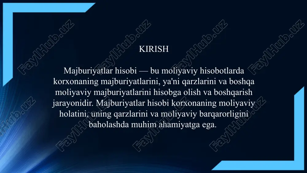 eng edi. shunga ko`ra «xyz» korxonasi o`zining buxgalteriya hisobida xorijiy firma oldi- dagi majburiyatni 8900 ming so'm miqdorida tan oladi. dt «xom ashyo>> kt «xorijiy firma oldidagi majburiyat>> 8900000 8900000 xarajat. dt «kelgusi davr xarajatlari kt «xorijiy firma oldidagi majburiyat>> 350000 350000 majburiyatlarning turkumlanishi. buxgalteriya hisobining milliy standartlariga ko’ra joriy va uzoq muddatli majburiyatlar tarkibida hisobga olinishi mumkin bo’lgan yo’nalishlarga quyidagilarni kiritish mumkin: • obligatsiyalar muomalasi bilan bog`liq majburiyatlar • xarajatlar bilan bog`liq hisoblangan majburiyatlar • olingan bo'naklar va qaytariladigan depozitlar • muddati o`zaytirilgan daromadlar • hisoblangan soliqlar va majburiy to`lovlar bo`yicha majburiyatlar • mol etkazib beruvchi va pudratchilarga to`lanadigan hisobvaraqlar • berilgan veksellar bo`yicha majburiyatlar • korxona ta si schilari oldidagi majburiyatlar • xodimlar oldidagi majburiyatlar • moliyalashtirilgan va joriy lizing bo`yicha majburiyatlar • hisoblangan foizlar bo`yicha majburiyatlar • shartli majburiyatlar 1. majburiyatlarni hisobga olish • majburiyatlar hisobi, asosan, "majburiyatlar" bo'limida ko'rsatiladi. bu bo'limda har bir majburiyatning miqdori, to'lov …