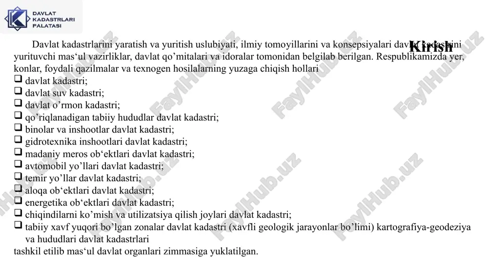 insi (qatlami) mavjudligi aniqlangan foydali qattiq qazilmalar nishonalari; tarkibidagi qimmatli komponentlar amaliy qiziqish tug‘diruvchi, shuningdek,atrof-muhitni ifloslantiruvchi va aholiga jiddiy xavf-xatar tug‘diruvchi kambag‘al rudalar ag‘darmalari, chiqindi omborlari va boshqa texnogen hosilalar. bu turdagi ma’lumotlar ochiq tarzda berilganligidan ko’rishimiz mumkinki kadastr agentligi shaffof tarzda o’z faoliyatini yuritmoqda. xulosa kadastr ma’lumotlarining ochiqligi va shaffofligi, zamonaviy jamiyatda yer resurslarini boshqarish va mulk huquqlarini himoya qilishda muhim ahamiyatga ega. bu, iqtisodiy faoliyatni rag'batlantirish, ijtimoiy ishonchni oshirish va yer resurslaridan samarali foydalanishni ta'minlashga yordam beradi. ochiq va shaffof kadastr tizimi, shuningdek, davlat va jamiyat o'rtasidagi ishonchni mustahkamlashga xizmat qiladi, bu esa barqaror rivojlanish uchun zaruriy shartdir. foydalanilgan adabiyotlar 1. “davlat kadastri asoslari” i.ixlosov, d.m.rizayeva 2. https://lex.uz >dosc 3. https://kadastr.uz >dpk-boshqarma 4.https://images.app.goo.gl/75knu9cd88hmznj9a 5.https://images.app.goo.gl/um1jcqe36suuwzjy8 6. https://www.google.com 7.https://images.app.goo.gl/ycqy6xtcua1ayzee7 8. kadastrlar palatasinin telegram rasmiy kanali 9. nomrma.uz sayti e’tiboringiz uchun rahmat! image1.jpeg image2.jpeg image3.jpeg image4.png image5.png image6.png image7.jpeg image8.jpeg image9.jpeg image10.jpeg image11.png image12.svg image13.png image14.svg /docprops/thumbnail.jpeg