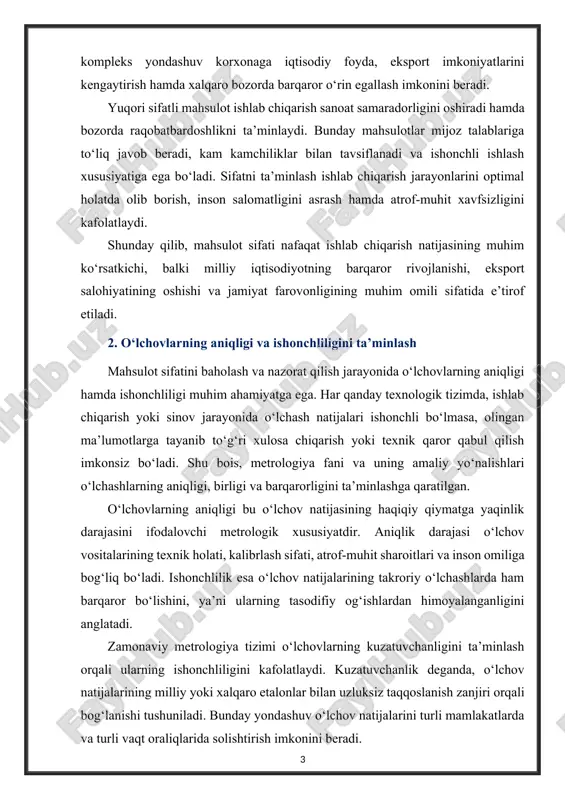 texnik holati, kalibrlash sifati, atrof-muhit sharoitlari va inson omiliga bog‘liq bo‘ladi. ishonchlilik esa o‘lchov natijalarining takroriy o‘lchashlarda ham barqaror bo‘lishini, ya’ni ularning tasodifiy og‘ishlardan himoyalanganligini anglatadi. zamonaviy metrologiya tizimi o‘lchovlarning kuzatuvchanligini ta’minlash orqali ularning ishonchliligini kafolatlaydi. kuzatuvchanlik deganda, o‘lchov natijalarining milliy yoki xalqaro etalonlar bilan uzluksiz taqqoslanish zanjiri orqali bog‘lanishi tushuniladi. bunday yondashuv o‘lchov natijalarini turli mamlakatlarda va turli vaqt oraliqlarida solishtirish imkonini beradi. xalqaro miqyosda o‘lchovlarning aniqligi va ishonchliligini ta’minlash maqsadida iso/iec 17025:2017 standarti keng qo‘llaniladi. ushbu standart sinov va kalibrlash laboratoriyalarining texnik vakolatini, o‘lchov usullarining to‘g‘riligini hamda natijalarning qayta ishlab chiqilishi mumkinligini tartibga soladi. laboratoriyalar mazkur standart asosida faoliyat yuritganda, ularning natijalari xalqaro miqyosda tan olinadi. aniqlikni oshirishning asosiy yo‘nalishlaridan biri o‘lchov vositalarini muntazam kalibrlash va tekshirishdir. kalibrlash jarayoni o‘lchov asbobining ko‘rsatkichini etalon qiymatlar bilan taqqoslash va zarur hollarda tuzatish koeffitsiyentlarini aniqlashdan iborat. bundan tashqari, o‘lchov jarayonida atrof-muhit omillarining (harorat, bosim, namlik, elektromagnit shovqin) ta’sirini kamaytirish choralari ham …