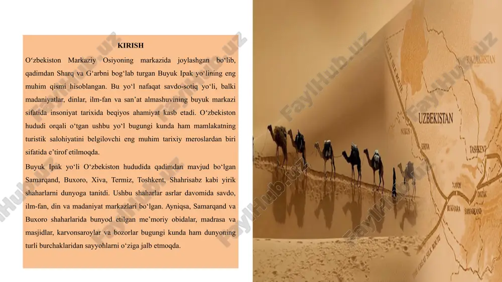 mamlakat iqtisodiyotiga katta hissa qo‘shayotgan madaniy meros turizmi yo‘nalishining rivojlanishiga turtki bo‘lmoqda. buyuk ipak yo‘li oʻzbekiston turizmini rivojlantirishda madaniy diplomatiya vositasi sifatida ham alohida ahamiyatga ega. chunki bu yo‘l orqali tarixan yuzlab xalqlar o‘zaro aloqada bo‘lgan, g‘oyalar va qadriyatlar almashgan. bugungi kunda bu tarixiy yo‘l xalqaro hamkorlikni mustahkamlash, yangi turistik yo‘nalishlar ochish va investitsiyalarni jalb etishda muhim omil bo‘lib xizmat qilmoqda. buyuk ipak yo‘li merosidan samarali foydalanish oʻzbekistonda ekoturizm, ziyorat turizmi, madaniy turizm va etnoturizm kabi yangi yo‘nalishlarning shakllanishiga sabab bo‘lmoqda. masalan, ziyorat turizmi doirasida buxoro va samarqanddagi buyuk allomalar – imom buxoriy, bahouddin naqshband, termiziy kabi zotlarning maqbaralariga tashrif buyuruvchi sayyohlar soni yil sayin ortib bormoqda. oʻzbekistonning strategik maqsadlaridan biri – buyuk ipak yo‘li turizm klasterini yaratish orqali xalqaro darajadagi barqaror turizm tizimini shakllantirishdir. shu maqsadda mamlakatda yangi yo‘llar, mehmonxonalar, transport infratuzilmalari qurilmoqda, xorijiy sayyohlar uchun vizasiz rejim joriy etilgan. natijada, oʻzbekiston buyuk ipak yo‘lining zamonaviy davrdagi eng faol …