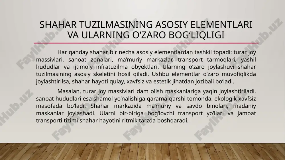 uchun transport tarmoqlarini rejalashtirishda ularning o‘zaro kesishmasligi, xavfsizligi va samaradorligi muhimdir. shahar markazlarida avtomobil oqimini kamaytirish, jamoat transporti, velosiped yo‘laklari va piyodalar zonalarini kengaytirish so‘nggi yillarda asosiy tendensiyalardan biri bo‘lib qolmoqda. zamonaviy transport tizimi ekologik toza, aqlli boshqaruvga ega bo‘lishi kerak, chunki u butun shahar kompozitsiyasining ritmini belgilaydi. me’moriy obidalar va shahar markazining kompozitsion roli shahar markazi — madaniyat, siyosat va iqtisodiy hayot markazidir. unda davlat idoralari, tarixiy me’moriy yodgorliklar, savdo markazlari va madaniy inshootlar joylashgan bo‘ladi. shahar markazi shahar yuzini belgilaydi va kompozitsion markaz sifatida atrofdagi barcha binolarni o‘ziga uyg‘unlashtiradi. tarixiy shaharlar uchun bu ayniqsa muhimdir, chunki tarixiy yodgorliklar yangi qurilishlar bilan uyg‘unlashgan holda saqlanib qolishi lozim. misol uchun, samarqanddagi registon majmuasi yoki buxorodagi ark qal’asi atrofida zamonaviy binolar milliy uslubda qurilmoqda — bu me’moriy kompozitsiyaning uzviyligini saqlab qolishga xizmat qiladi. o‘zbekiston shaharlarida me’moriy kompozitsion yechimlarning rivojlanish yo‘nalishlari o‘zbekistonda so‘nggi yillarda shaharsozlik sohasida yangi davr boshlandi. “yashil shahar”, “aqlli …