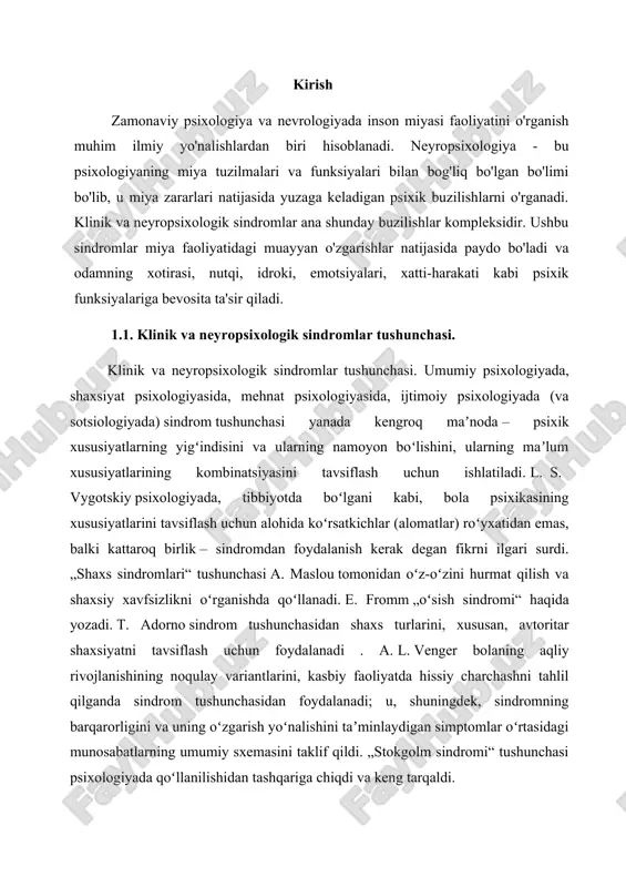 estik afaziya – so‘zlarni topishda qiyinchilik. global afaziya – so‘zlashish va tushunishning to‘liq buzilishi. 2. amneziya sindromlari: retrograd amneziya – eski xotiralar yo‘qoladi. anterograd amneziya – yangi xotiralarni shakllantira olmaydi. travmatik amneziya – bosh miya shikastidan so‘ng paydo bo‘ladi. 2. agnosiya sindromlari: vizuall agnosiya – ko‘rgan narsani tanimaslik. auditor agnosiya – eshitgan tovushlarni anglamaslik. taktil agnosiya – qo‘l bilan ushlagan narsani tanimaslik. 4. apraksiya sindromlari: ideator apraksiya – ketma-ket harakatlarni noto‘g‘ri bajarish. motor apraksiya – oddiy harakatlarni bajara olmaslik. konstruktor apraksiya – shakllardan butun yaratolmaslik 5. frontal sindromlar: peshona sindromi – rejalashtirish, o‘zini tutish buziladi. disinhibitsiya sindromi – nazoratni yo‘qotish, ijtimoiy nomunosib xatti-harakatlar. apatiko-abuliya sindromi – irodaviy faoliyatning to‘liq pasayishi. 6. delyuziya va gallyutsinatsiya bilan bog‘liq sindromlar: paranoid sindrom – ta’qib qilinayotganlik haqidagi noto‘g‘ri ishonch. kandinskiy-klerambo sindromi – fikrlarni boshqarilayotganlik hissi. charles bonnet sindromi – ko‘rish qobiliyati yo‘qolgan kishilarda vizual gallyutsinatsiyalar. 7. autistik spektr sindromlari: asperger sindromi – yuqori intellekt …