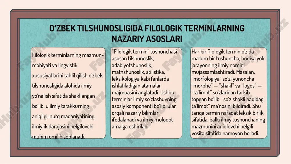 ona, lekin ilmiy mazmunga ega shakllari saqlanib qolgan. o‘rta asrlarda o‘zbek tili terminologiyasining rivojlanishi fors va arab tillari bilan o‘zaro ta’sir jarayonida davom etdi. bu davrda ilm-fan, falsafa, tibbiyot, matematika, adabiyot va fiqh sohalariga oid atamalar asosan arabcha va forscha ildizlarga ega bo‘ldi. keyingi bosqich jadidchilik davriga to‘g‘ri keladi. xix asr oxiri va xx asr boshlarida o‘zbek ziyolilari milliy uyg‘onish harakati orqali ilm-fan, ma’rifat va adabiyotning rivojlanishiga katta hissa qo‘shdilar. bu davrda yangi terminlar yaratish jarayoni jadallashdi. masalan, “maktab”, “darslik”, “ilmiy jamiyat”, “kitobxon”, “muallif”, “matbaa”, “gazeta”, “xalq maorifi” kabi atamalar keng qo‘llanila boshlandi. 1 2 3 filologik terminlarning ilmiy tavsifi va ularning amaliy ahamiyati o‘zbek tilshunosligidagi filologik terminlarning grammatik, semantik va stilistik tahlili masalasi tilshunoslik nazariyasining eng muhim va murakkab yo‘nalishlaridan biridir. filologik terminlar — bu ilmiy fikrning aniqligini ta’minlovchi, ilmiy konsepsiyalarni mantiqiy asosda ifodalovchi maxsus leksik birliklardir. ularning grammatik, semantik va stilistik tahlili orqali nafaqat tilning ilmiy sohada qanday …
