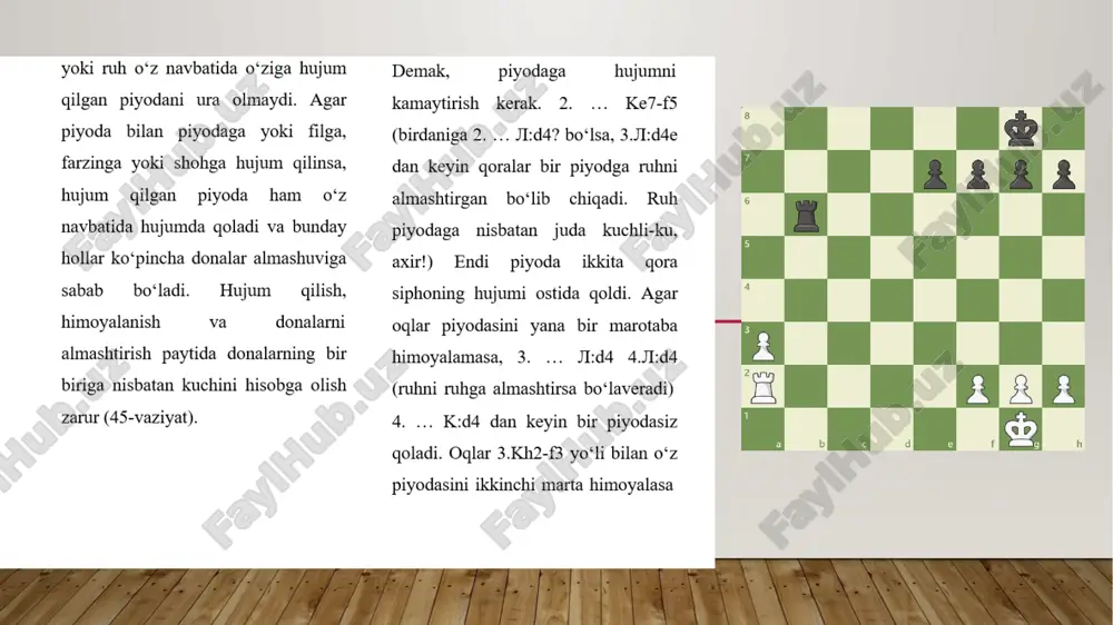 hisoblanadi.demak, qoralar katta talofat ko‘radi. 3.bır yurıshda mot qılıng! quyidagi pozitsiyalarning hammasida yurishni oqlar boshlab, bir yurishda mot qiladi. eng oddiy o’yin oxirlari quyida kuchi ancha zo’r bo’lgan taraf raqib shohini mot qiladigan oddiy o’yin oxirlarini (endshipillarni) ko’rib o’tamiz. raqib shohini ko’pincha taxtaning bir chekkasida mot qilinadi, chunki bunday joylar shoh uchun torlik qiladi va uning chekinish yo’llarini to’sish uchun donalar ham kamroq talab etiladi. shu bilan birga mot pozitsiyalari shu qadar ko’p takrorlanadiki, ular “tipik” pozitsiyalar bo’lib qoladi. 47-58 vaziyatlarda bir qator tipik mot pozitsiyalari keltirilgan. ularda har xil donalar bilan mot qilinadi. yuqorida keltirilgan tipik mot pozitsiyalari raqib shohini mot qilish uchun nimaga harakat qilish kerakligini aniq ko’rsatib turibdi. dastavval, raqib shohini taxtaning bir chekkasiga, ba’zan esa (masalan, filva ot bilan mot qilganda), uni albatta burchakka haydab borish zarur. bir fil yoki bir ot bilan mot qilib bo’lmasligini bilamiz (33-34 vaziyatlarga qaralsin). endi ruh bilan mot qilishni ko’rib …