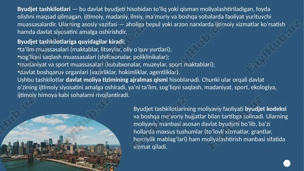 b, smeta (moliyaviy reja) shakllantiriladi. tasdiqlash bosqichi – tayyorlangan smeta yuqori turuvchi tashkilot yoki moliya organiga taqdim etiladi va belgilangan tartibda tasdiqlanadi. ijro va nazorat bosqichi – tasdiqlangan xarajatlar reja asosida amalga oshiriladi, xarajatlar ustidan ichki va tashqi moliyaviy nazorat o‘rnatiladi. 8 byudjet tashkilotlari o‘z faoliyatini amalga oshirish jarayonida turli xil xarajatlarga ehtiyoj sezadi. ushbu xarajatlar tashkilotning moliyaviy rejasida — xarajatlar smetasida o‘z ifodasini topadi. xarajatlar smetasi tashkilotning bir yil davomida sarflaydigan mablag‘larini turlari bo‘yicha aniq ko‘rsatib beradi. xarajatlarning asosiy turlari byudjet tashkilotlari xarajatlari odatda quyidagi toifalarga bo‘linadi: xarajat turi mazmuni asosiy (joriy) xarajatlar xodimlarning ish haqi, ijtimoiy ajratmalar, kommunal to‘lovlar, xo‘jalik xarajatlari va tashkilotning kundalik faoliyati uchun zarur mablag‘lar. kapital xarajatlar bino va inshootlarni qurish, ta’mirlash, uskunalar sotib olish, kompyuter texnikasini yangilash kabi uzoq muddatli investitsion xarajatlar. ma’muriy xarajatlar tashkiliy ishlar, xizmat safarlari, ofis jihozlari xarajatlari va boshqaruv faoliyati bilan bog‘liq sarf-xarajatlar. maxsus maqsadli xarajatlar davlat dasturlari, grantlar, ilmiy …
