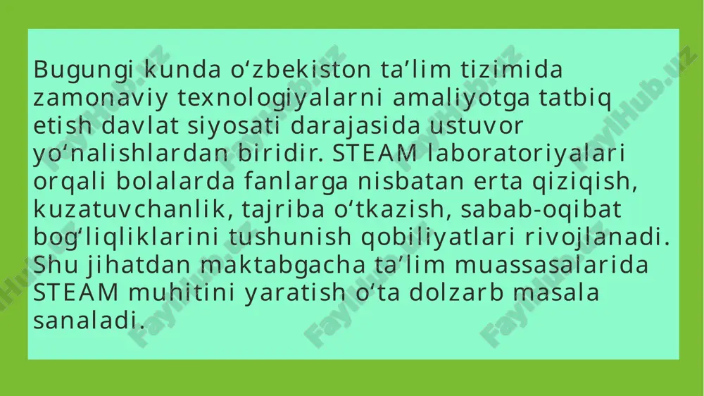 bilan ko‘radilar. tajriba davomida ular “nima uchun?” va “qanday?” degan savollarga o‘zlari javob topishga harakat qiladilar. shu orqali bolada ilmiy fikrlash va sabab-oqibatni tushunish ko‘nikmasi shakllanadi. tarbiyachining roli tarbiyachi laboratoriyada yo‘lboshchi va motivator sifatida ishtirok etadi. u bolalarga tayyor bilim bermaydi, balki ularni mustaqil fikrlashga yo‘naltiradi, savollar beradi, kuzatuvga chorlaydi. shu tarzda bola o‘z tajribasidan xulosa chiqara oladigan faol ishtirokchiga aylanadi. steam laboratoriyasining afzalliklari bolalarda ilmiy tafakkur va tahliliy fikrlash rivojlanadi; kichik yoshdan texnologiya va fanlarga qiziqish ortadi; jamoada ishlash, muloqot, hamkorlik ko‘nikmalari mustahkamlanadi; bolalar ijodkor, topqir va izlanuvchan shaxs sifatida shakllanadi; ta’lim jarayoni qiziqarli, interaktiv va hayotiy tajribalarga asoslanadi. amalga oshirish bosqichlari steam laboratoriyasini tashkil etishda quyidagi bosqichlar muhim: tashkiliy bosqich – jihozlar tanlash, xona tayyorlash; metodik bosqich – mashg‘ulotlar ssenariysi, didaktik materiallar ishlab chiqish; tajriba-sinov bosqichi – dastlabki mashg‘ulotlarni o‘tkazish; monitoring – natijalarni tahlil qilish, metodik takliflar tayyorlash amalga oshirishda muammolar ba’zi tashkilotlarda jihozlar va metodik yordamning yetishmasligi, …