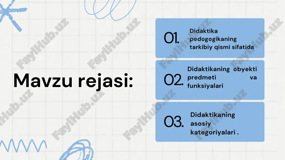 langan ozaro harakati. taʼlim – oqitish jarayonida egallanadigan bilim, konikma, malakalar, kompetensiya va fikrlash usullari tizimi. bilim – malum bir fanni nazariy ozlashtirishni aks ettiradigan inson goyalari yigindisi; konikma – egallangan bilimlarning aniq xatti-harakatdagi ifodasi, ozlashtirilgan bilimlarni amaliyotga qollash usullarini egallash. malaka – avtomatlashgan, biror bir usul bilan bexato bajarish, konikmaning takomillashgan darajasi. didaktika ning didaktika ning asosiy kategoriyalari pedagogik jarayonga uning tarkibiy qismlarining ozaro aloqadorlikda qonuniy joy egallashi birligini o zida ifoda etuvchi yagona tizim sifatida qarash mumkin. tuzilish(struktura) - bu tarkibiy qism(element)larning tizimdagi joylashuvidir. tizimlarning tuzilishi tarkibiy qismlarni qabul qilish mezonlarida belgilangani boyicha, bundan tashqari ular orasidagi aloqadorlikda tashkil etiladi. pedagogik jarayonning ozi maqsad, vazifa, mazmun, metodlar, pedagog va tarbiyalanuvchilarning ozaro harakati shakllari, shu bilan birga erishilgan natijalar bilan xarakterlanadi. pedagogik jarayonda ishtirok etadigan tizim tarkibiy qismlariga quyidagilar kiradi: pedagoglar; tarbiyalanuvchilar; tarbiyaviy shart-sharoitlar . pedagogik jarayonpedagogik jarayon amerikalik pedagog f.g.kumbs quyidagilarni talim tizimining asosiy tarkibiy qismlari deb hisoblaydi: …