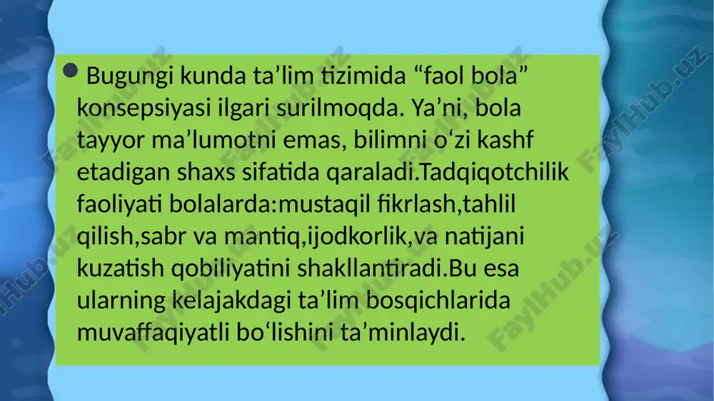 hilikni rivojlantirish bolalar uchun tajriba o‘yin bilan uyg‘unlashsa, jarayon yanada samarali bo‘ladi. masalan: “kichik olimlar laboratoriyasi” o‘yini; “tabiat sirlarini kashf etamiz” mashg‘uloti; “sehrli tajribalar kuni” tadbiri. o‘yin orqali o‘rganilgan bilimlar uzoq vaqt esda qoladi va bolada kashfiyotga nisbatan ijobiy hissiyot uyg‘otadi. tadqiqotchilik faoliyatining natijalari bunday faoliyat natijasida: bola ilmiy dunyoqarash asoslarini egallaydi; kuzatuvchan, sabrli, sinchkov shaxsga aylanadi; mustaqil fikrlash va tahlil qilish ko‘nikmasi shakllanadi; o‘z fikrini asoslash va baholashni o‘rganadi. tarbiyachi uchun metodik tavsiyalar tajribalar uchun xavfsiz, ekologik toza materiallardan foydalanish. har bir faoliyatni bolalarning yoshiga mos soddalashtirish. natijalarni suhbat, rasm, maket yoki videolavha orqali mustahkamlash. bolalarning kuzatish daftarini yuritish. har tajribani xulosa bilan yakunlash. xulosa maktabgacha yoshdagi bolalarda tadqiqotchilik faoliyatini rivojlantirish — ularning tafakkur, qiziqish, ijodkorlik va bilishga chanqoqligini mustahkamlovchi eng samarali yo‘ldir. kichik tajribalar bolalarning dunyo haqidagi tasavvurini kengaytiradi, sabab-oqibat bog‘liqlikni anglashni o‘rgatadi va ularni kelajakda ijodkor, tahlilchi va izlanishdan qo‘rqmaydigan shaxs sifatida shakllantiradi. e’tiboringiz uchun raxmat! image3.png …