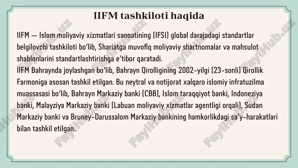 ifx) iifm standart 10: isda/iifm 2017 naqd garov uchun kredit qo'llab-quvvatlash shartnomasi (vm) iifm standart 16: isda/iifm ibor fallback standart hujjatlari iifm standart 17: 2024 versiya isda/iifm mubadalatul arbaah (ma) iifm standart 18: 2024 versiya isda/iifm mubadalatul arbaah (ma) iifm standart 19: 2024 versiya isda/iifm islomiy kross-valyuta svop (icrcs)iifm.net iifm nashr etgan standartlar 3. sukuk standartlari iifm standart 13: al ijarah hujjat shablonlari iifm standart 14: sukuk al mudarabah tier1 standart hujjatlariiifm.net 4. savdo moliya standartlari iifm standart 11: iifm-baft moliyalanmagan ishtirok etish asosiy kelishuvi (mupa) iifm standart 12: iifm-baft moliyalangan ishtirok etish asosiy kelishuvi (mfpa)iifm.net 5. ibor o'tish standartlari iifm standart 15: murabaha va ijara tranzaksiyalari uchun shariatga muvofiq tuzilma echimlari iifm nashr etgan standartlar iifm a’zolari ro’yxati hozirda 24 ta a'zoga ega, ular orasida markaziy banklar, islomiy moliyaviy institutlar va xalqaro moliyaviy tashkilotlar mavjud. iifm a'zolari orasida quyidagilar mavjud: markaziy banklar: bahrayn markaziy banki, islom taraqqiyot banki, bank …