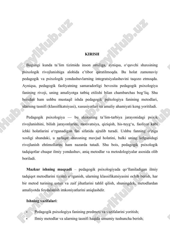ini o‘rganish. 2.2. ta’lim va tarbiyada psixologik jarayonlarning roli psixologik jarayonlar — bu shaxsning bilish, eslab qolish, his qilish, emotsional javob qaytarish, e’tibor qaratish, motivatsiya, harakat va iroda orqali namoyon bo‘ladigan ichki jarayonlardir. ta’lim va tarbiyada bu jarayonlarning to‘g‘ri tashkil etilishi va boshqarilishi o‘quv natijalariga bevosita ta’sir qiladi. o‘quvchilar bilan ishlashda o‘qituvchi ularda ijobiy psixologik muhit yaratishi, motivatsiyani rag‘batlantirishi va stress holatlarini boshqarishi muhimdir. aks holda, o‘quv faoliyati samaradorligi pasayadi. 2.3. shaxs va pedagogik muhit o‘zaro ta’siri pedagogik muhit — bu o‘quv muassasasi, o‘qituvchi, sinfdoshlar, ta’lim resurslari, oilaviy muhit va shaxsiy tajriba kabi omillardan iborat murakkab tizimdir. bu muhit shaxsning psixik rivojlanishida muhim o‘rin tutadi. shaxs va muhit o‘rtasidagi o‘zaro ta’sir jarayoni ikki yo‘nalishda kechadi: · moslashish: o‘quvchi mavjud muhitga moslashadi, o‘z xatti-harakatlarini muvofiqlashtiradi; · ta’sir o‘tkazish: o‘quvchi muhitga o‘z ta’sirini o‘tkazadi, uni o‘zgartiradi, yangilik kiritadi. ta’lim samaradorligini oshirish uchun o‘quvchi shaxsini chuqur o‘rganish, uning ehtiyojlari va imkoniyatlarini inobatga olgan …